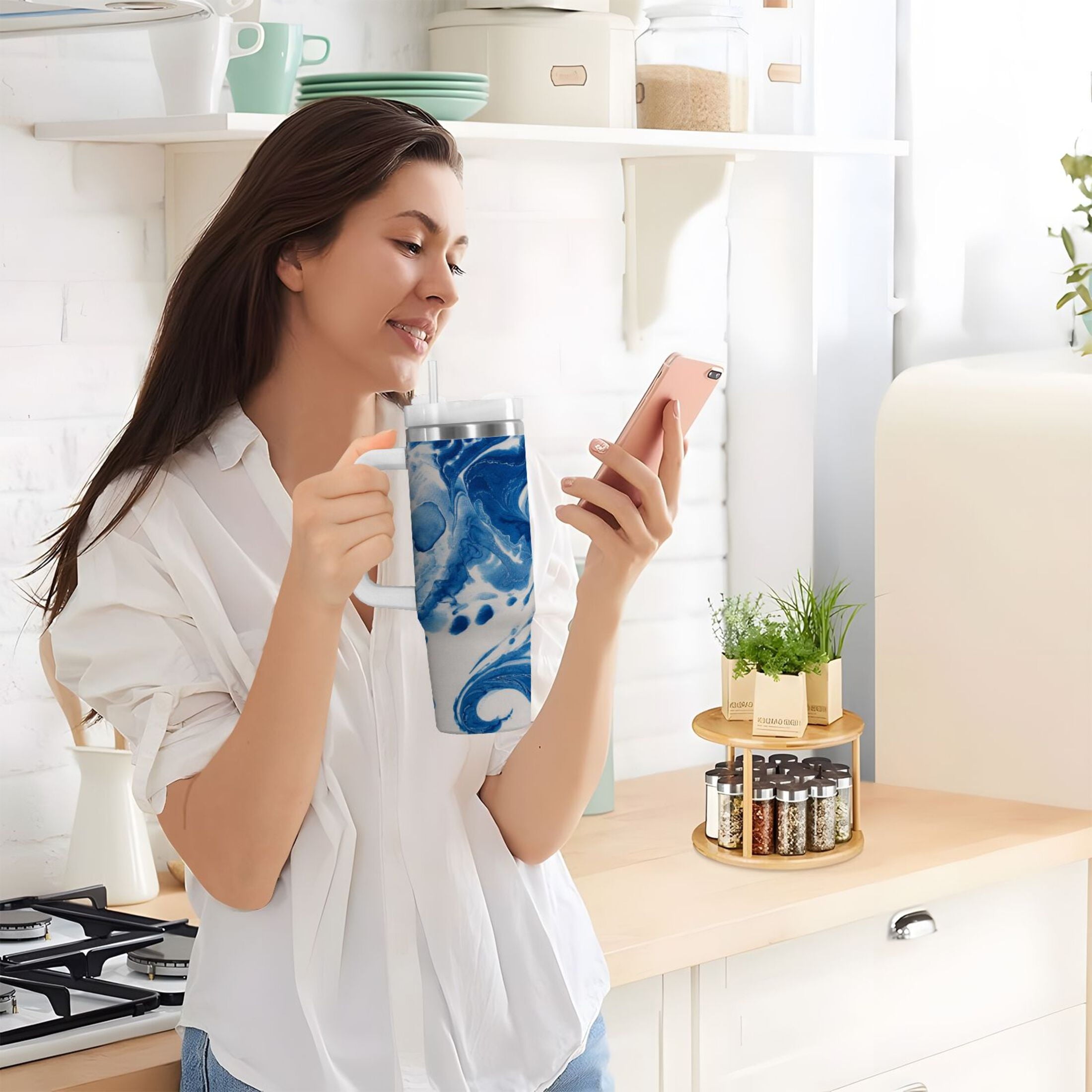 40 oz Insulated Stainless Steel Tumbler Double Wall Stainless Steel Tumbler with 2-Way Drinking Indigo Blue Tie-dye Pattern | 5HOA