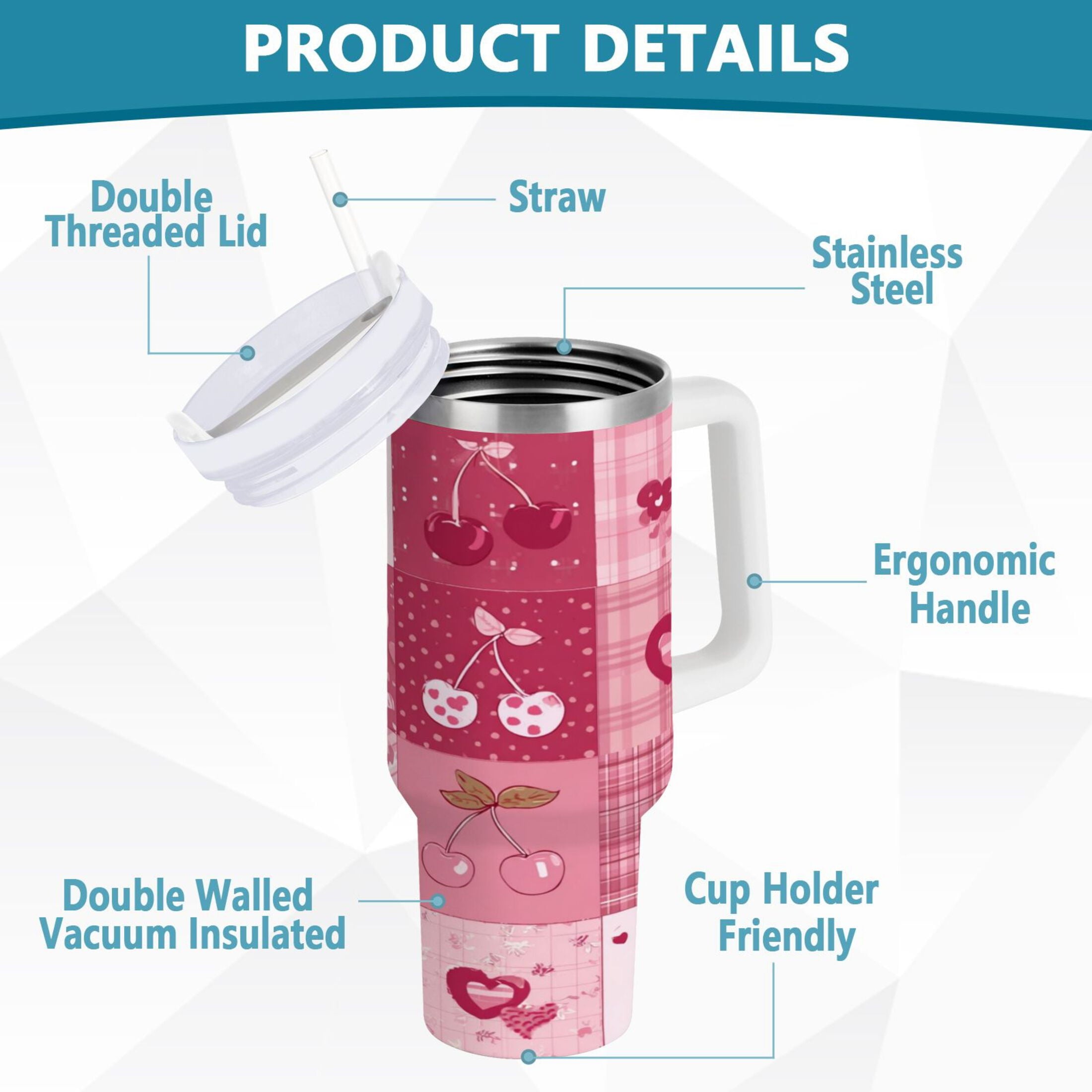 30 oz Insulated Stainless Steel Tumbler Double Wall Stainless Steel Tumbler with 2-Way Drinking Cherry Pattern with Bows | JTFF