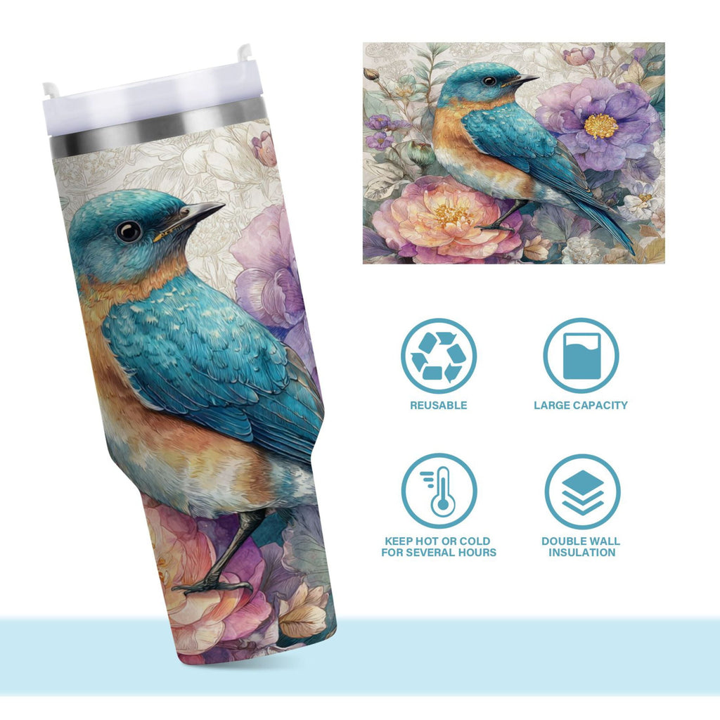 30 oz Insulated Stainless Steel Tumbler Double Wall Stainless Steel Tumbler with 2-Way Drinking Bluebird and Flower | 55IV