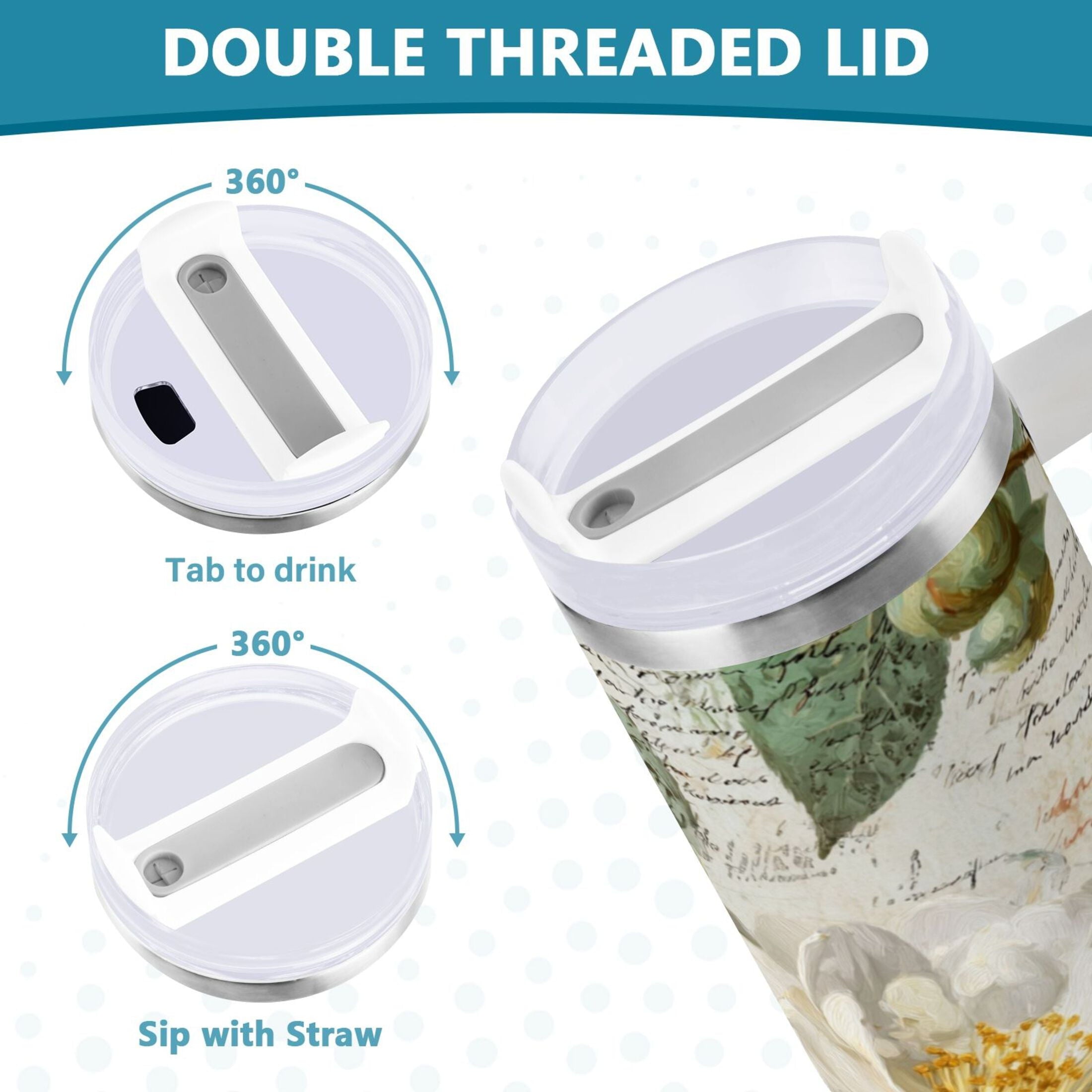 40 oz Insulated Stainless Steel Tumbler Double Wall Stainless Steel Tumbler with 2-Way Drinking Vintage White Camellias | YH44