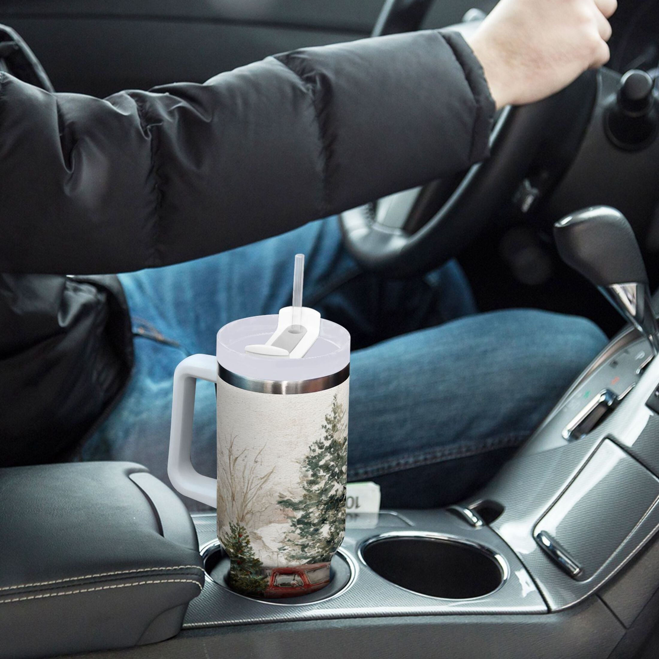 30 oz Insulated Stainless Steel Tumbler Double Wall Stainless Steel Tumbler with 2-Way Drinking Truck with Christmas Decorations | F1R1