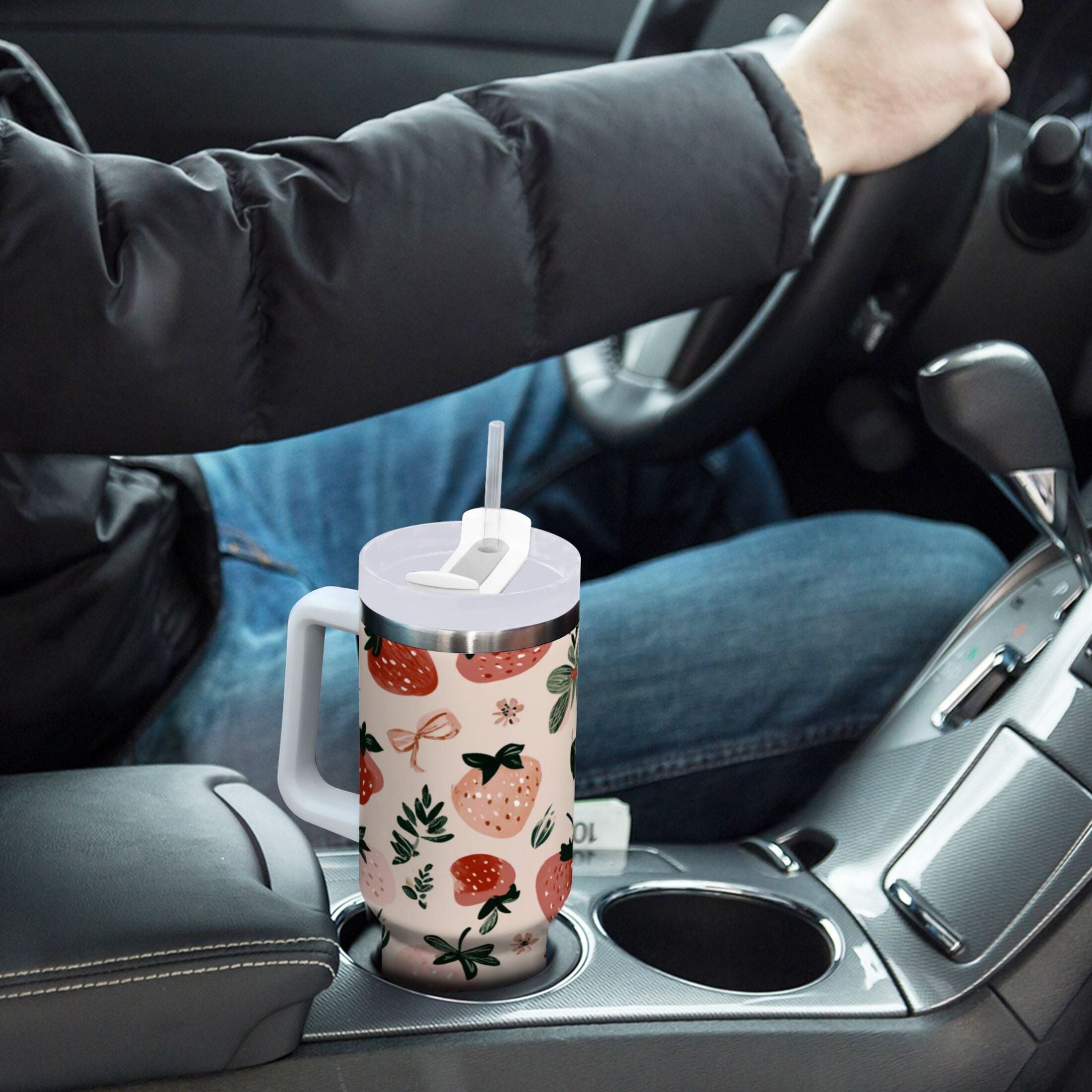 30 oz Insulated Stainless Steel Tumbler Double Wall Stainless Steel Tumbler with 2-Way Drinking Cute Pinks Strawberries | 0E2W
