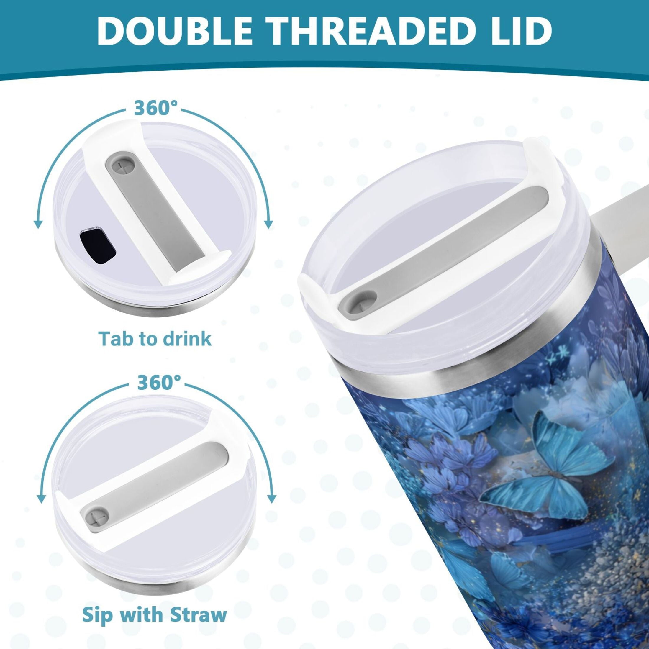 30 oz Insulated Stainless Steel Tumbler Double Wall Stainless Steel Tumbler with 2-Way Drinking Butterflies Books and Flowers | HPBE