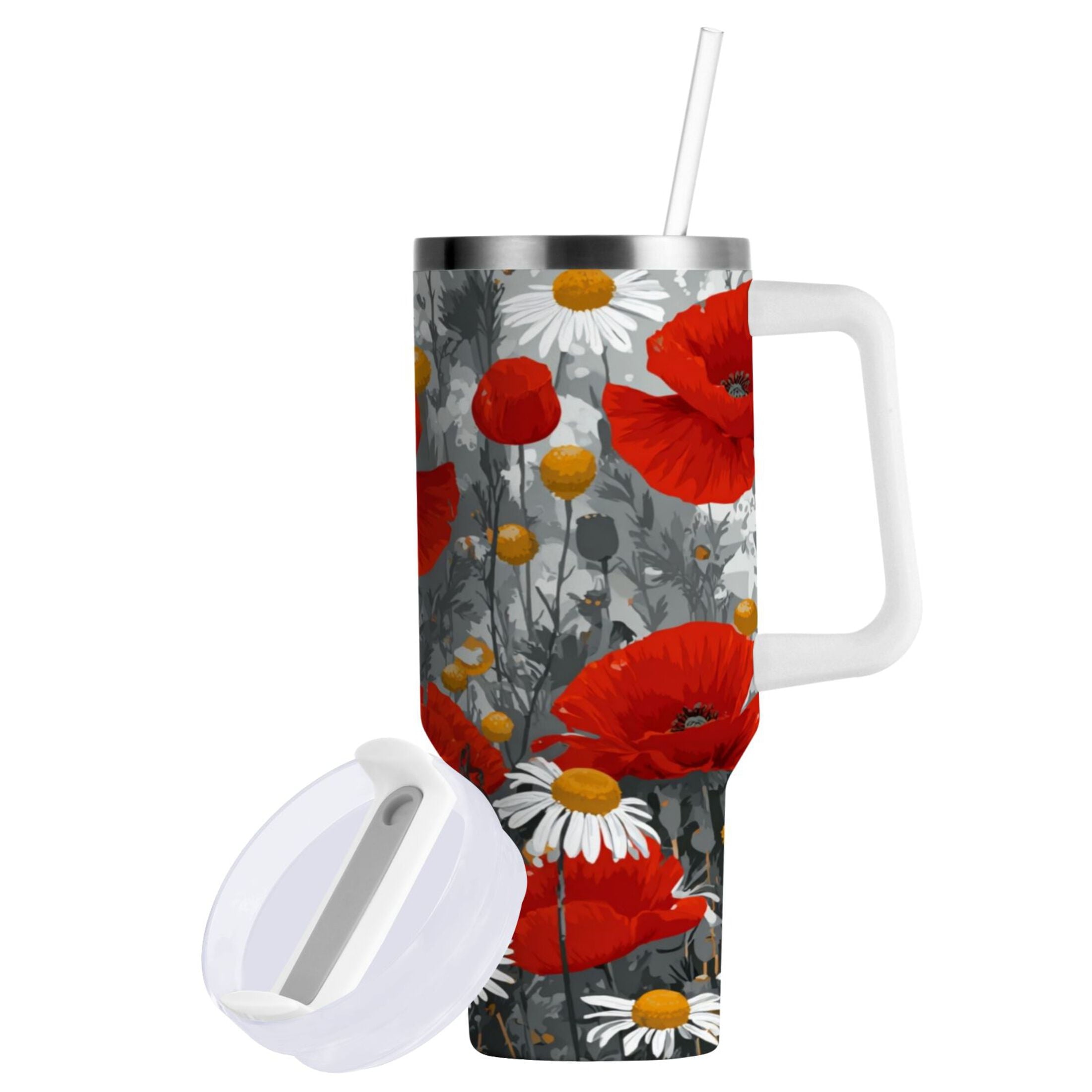 40 oz Insulated Stainless Steel Tumbler Double Wall Stainless Steel Tumbler with 2-Way Drinking Red Flowers and Daisies | TCBC
