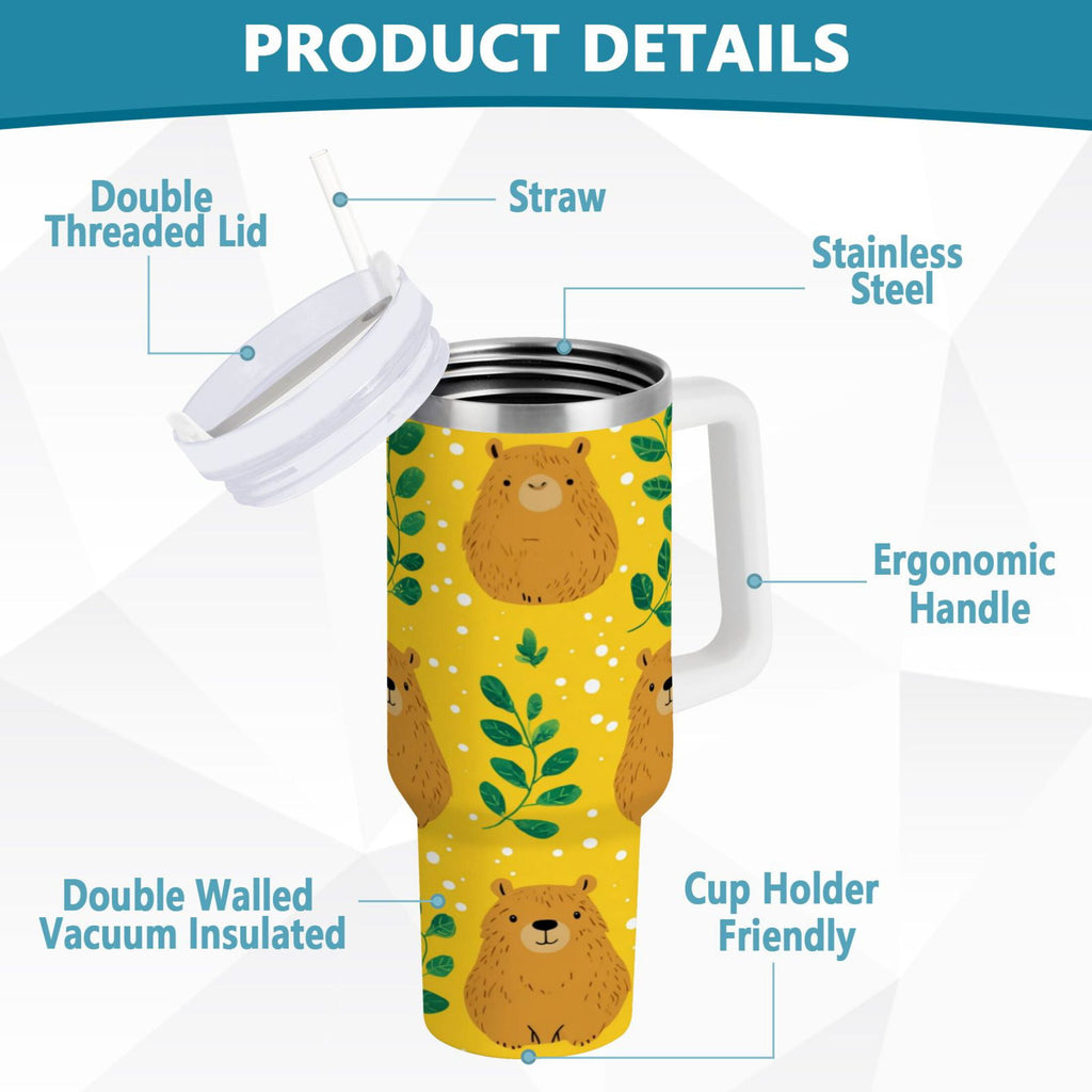 30 oz Insulated Stainless Steel Tumbler Double Wall Stainless Steel Tumbler with 2-Way Drinking Capybara and Green Leaves | T1S7