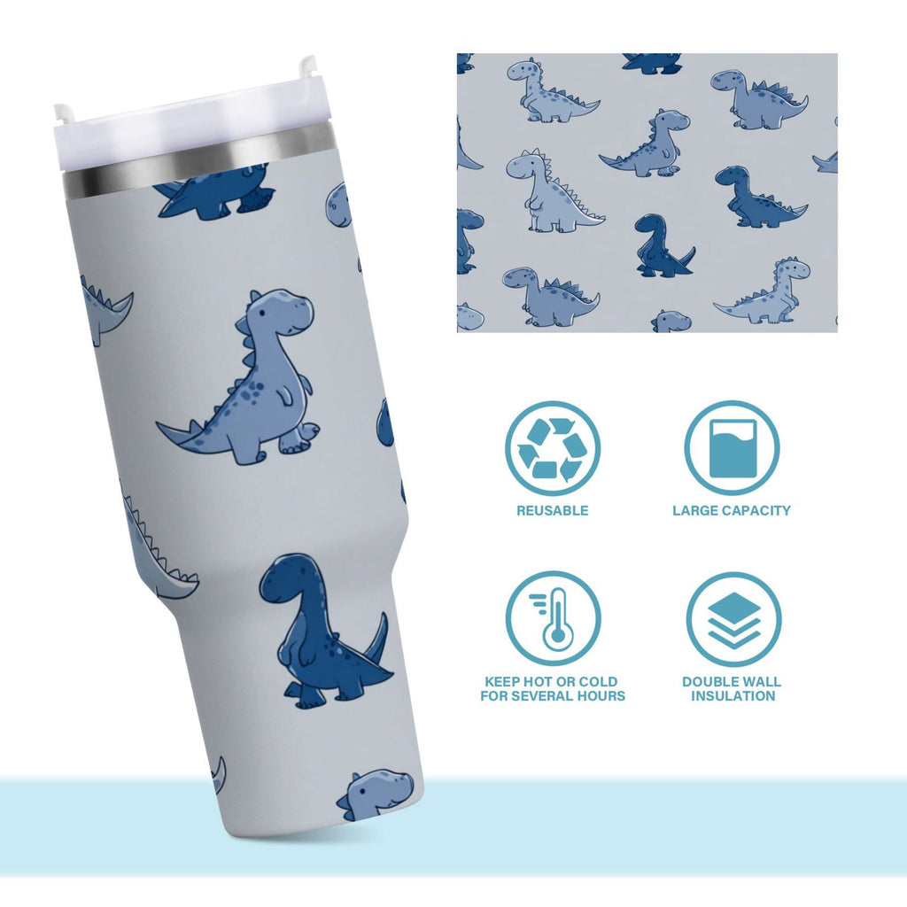 30 oz Insulated Stainless Steel Tumbler Double Wall Stainless Steel Tumbler with 2-Way Drinking Cute Blue Dinosaurs | XZGM