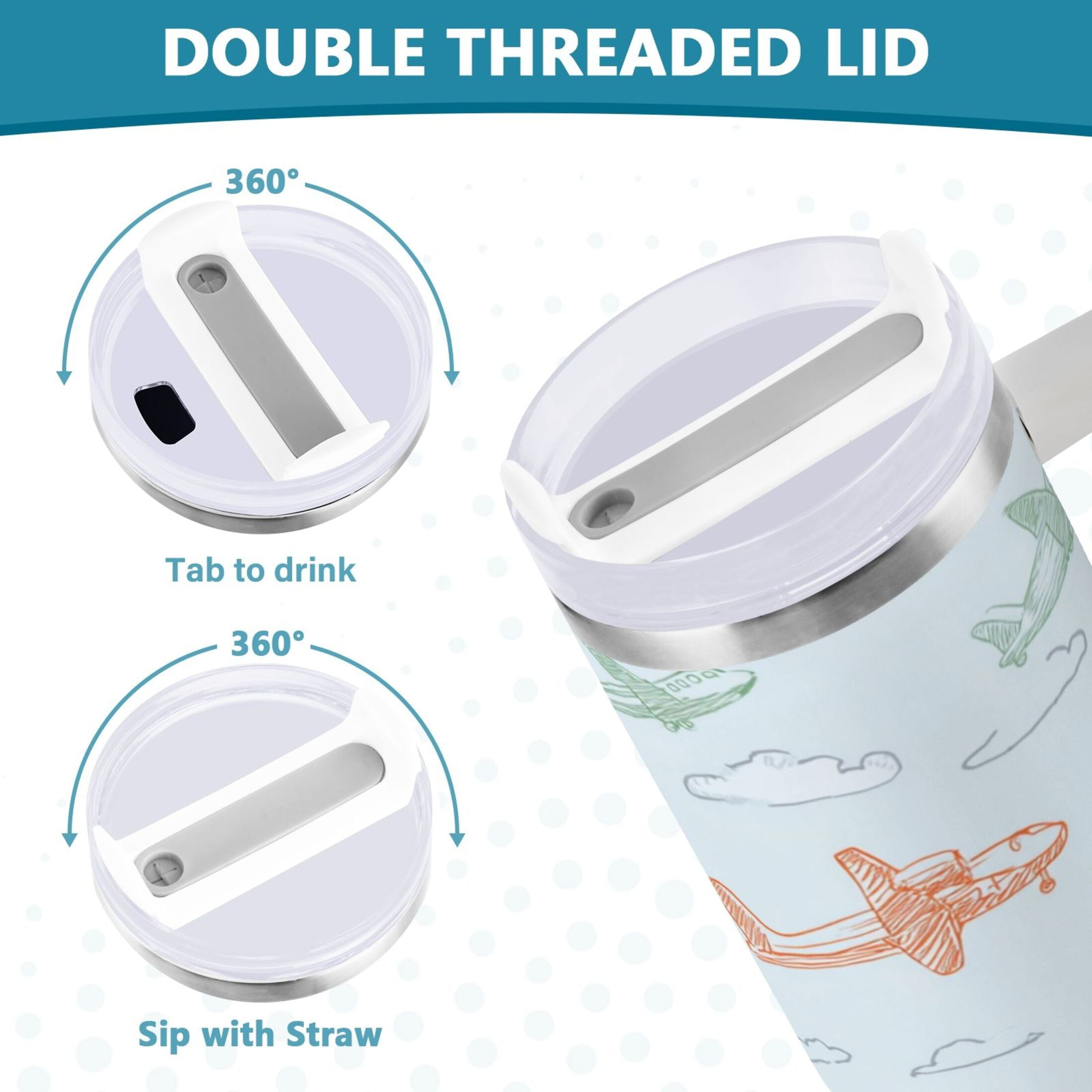 30 oz Insulated Stainless Steel Tumbler Double Wall Stainless Steel Tumbler with 2-Way Drinking Pastel Doodle Airplanes | 4GF8