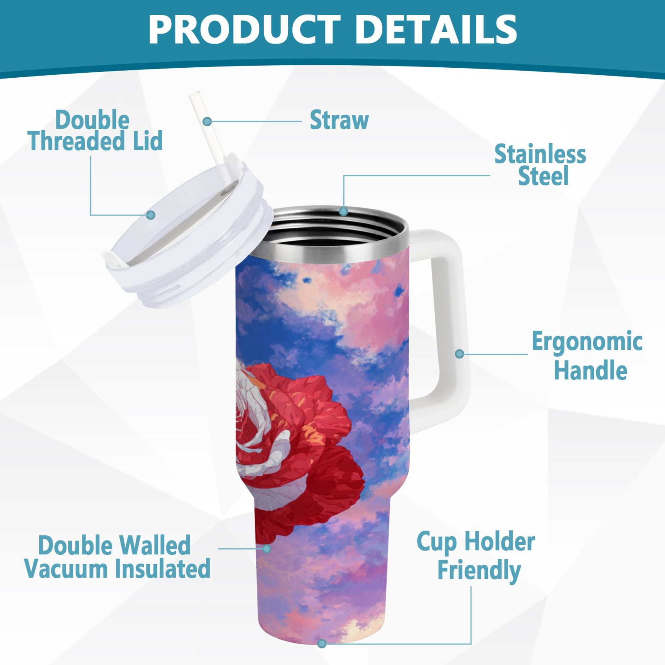 30 oz Insulated Stainless Steel Tumbler Double Wall Stainless Steel Tumbler with 2-Way Drinking Rose with Flag Pattern | B8EC