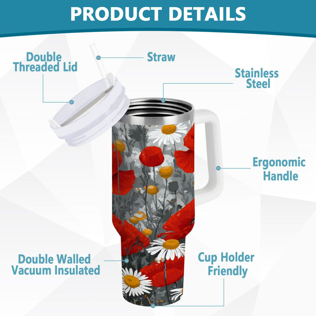40 oz Insulated Stainless Steel Tumbler Double Wall Stainless Steel Tumbler with 2-Way Drinking Red Flowers and Daisies | TCBC