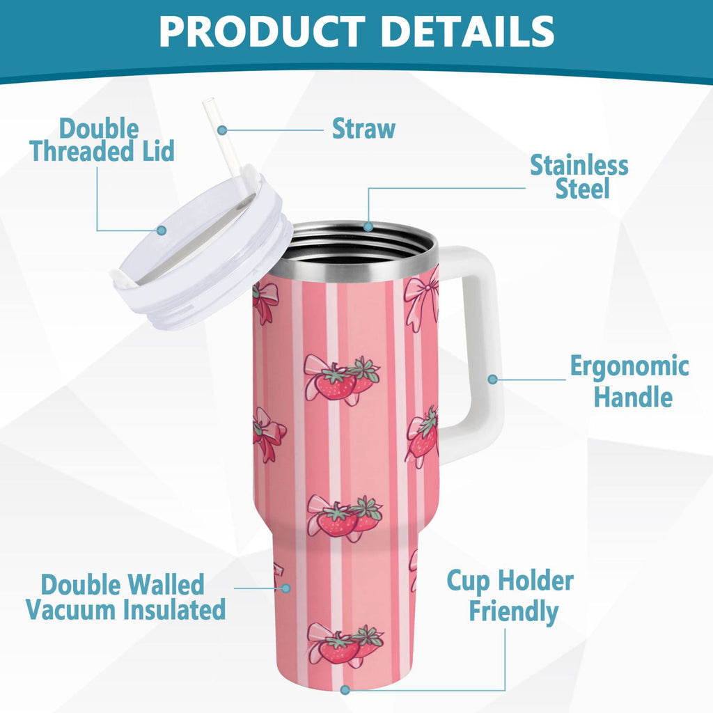 30 oz Insulated Stainless Steel Tumbler Double Wall Stainless Steel Tumbler with 2-Way Drinking Pink Bows and Strawberries | DVN9