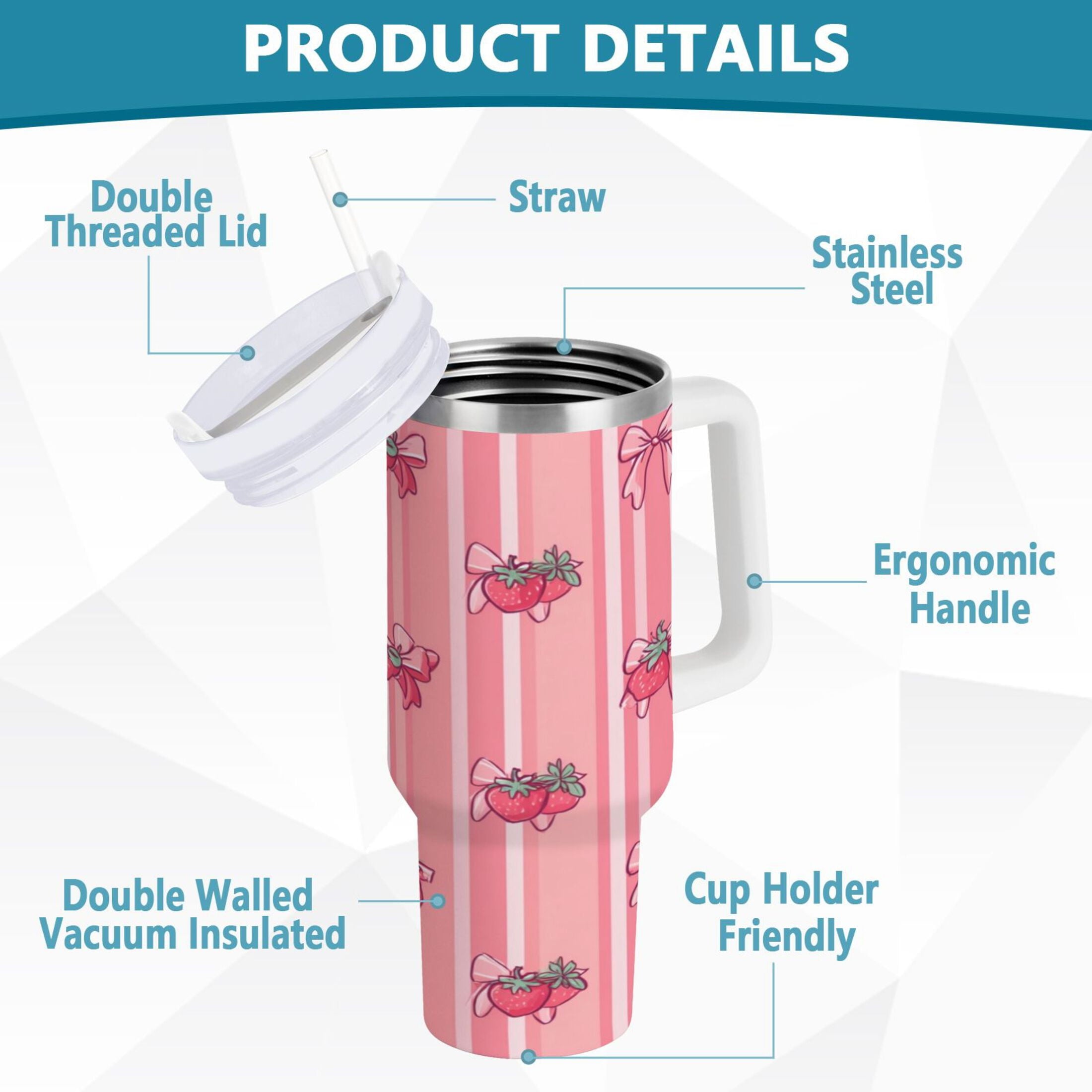 30 oz Insulated Stainless Steel Tumbler Double Wall Stainless Steel Tumbler with 2-Way Drinking Pink Bows and Strawberries | DVN9