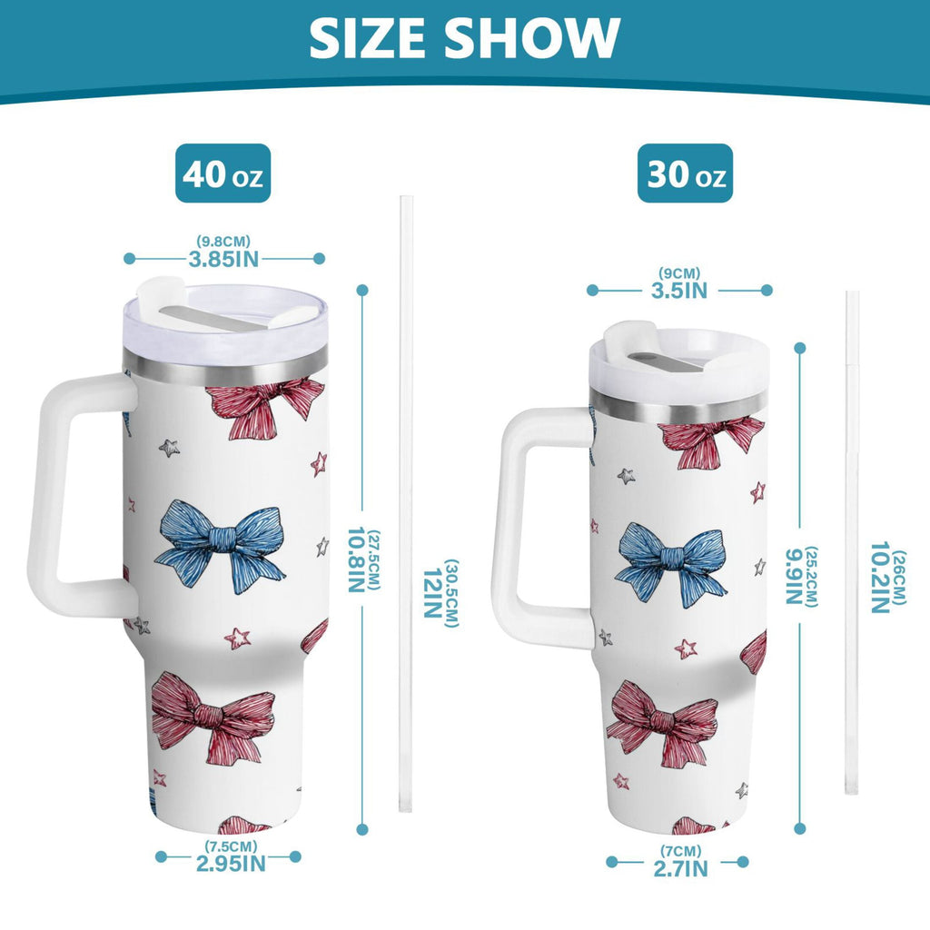 40 oz Insulated Stainless Steel Tumbler Double Wall Stainless Steel Tumbler with 2-Way Drinking Red and Blue Stripes Bows | QANM