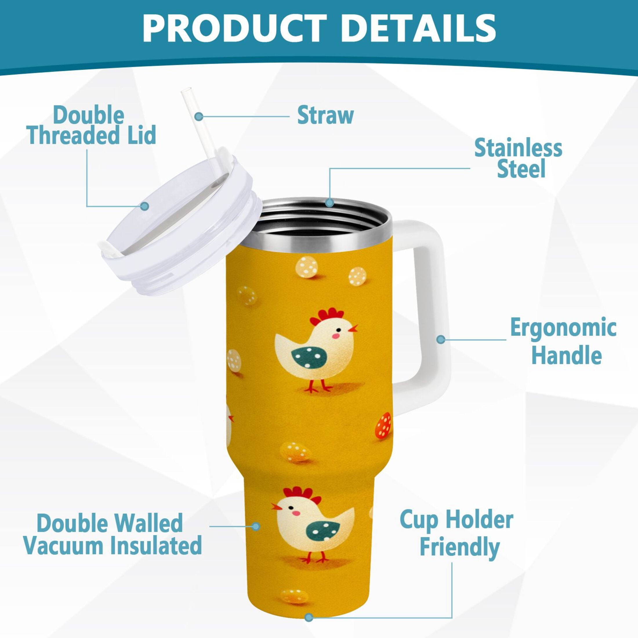 30 oz Insulated Stainless Steel Tumbler Double Wall Stainless Steel Tumbler with 2-Way Drinking Cartoon Chickens Pattern | DJF3
