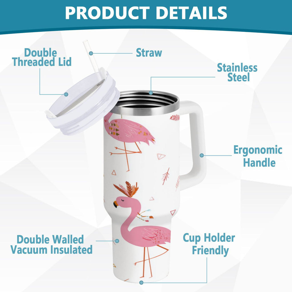 40 oz Insulated Stainless Steel Tumbler Double Wall Stainless Steel Tumbler with 2-Way Drinking Cute Pink Flamingo Pattern | QXF1