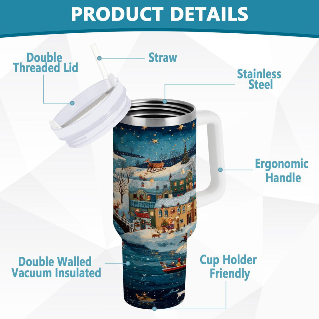 30 oz Insulated Stainless Steel Tumbler Double Wall Stainless Steel Tumbler with 2-Way Drinking Whimsical Christmas Scene | R1H0