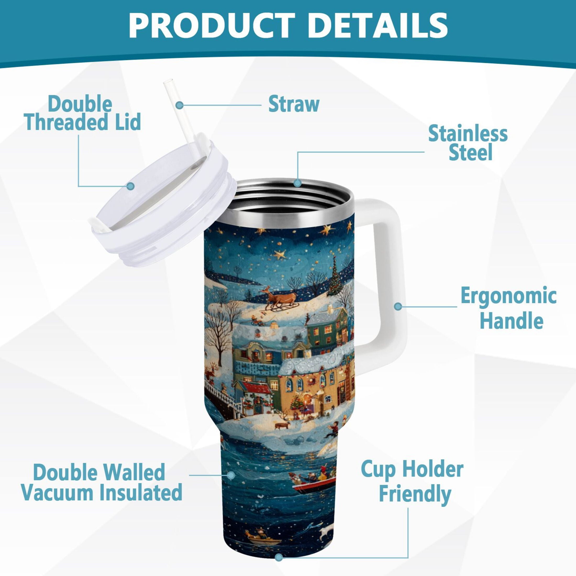 30 oz Insulated Stainless Steel Tumbler Double Wall Stainless Steel Tumbler with 2-Way Drinking Whimsical Christmas Scene | R1H0