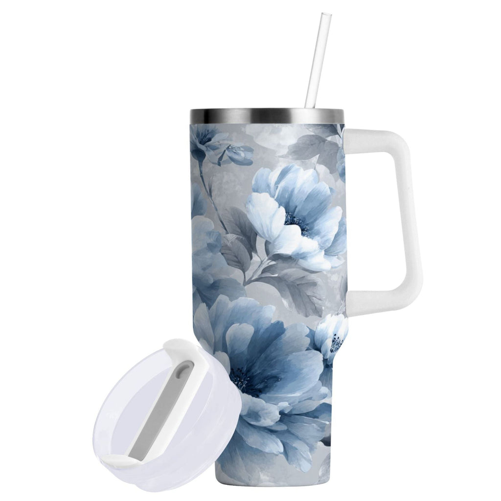 40 oz Insulated Stainless Steel Tumbler Double Wall Stainless Steel Tumbler with 2-Way Drinking White Floral Pattern | KEFA
