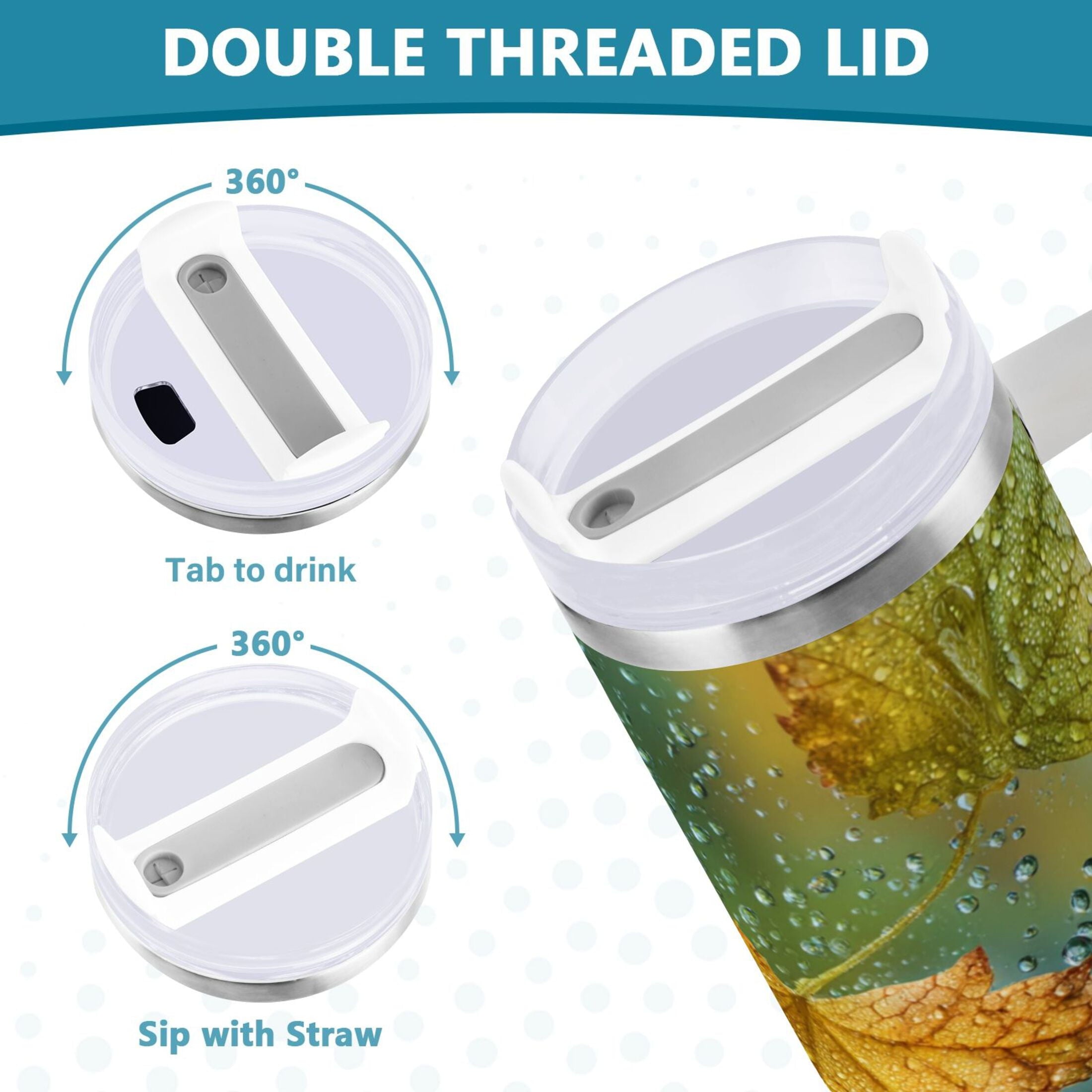 30 oz Insulated Stainless Steel Tumbler Double Wall Stainless Steel Tumbler with 2-Way Drinking Leaves with Water Droplets | N6BP