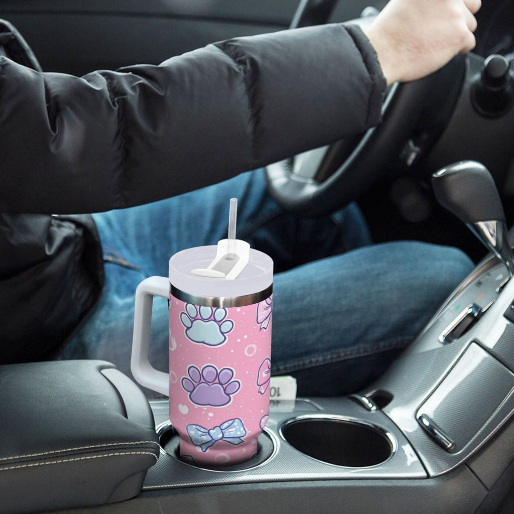30 oz Insulated Stainless Steel Tumbler Double Wall Stainless Steel Tumbler with 2-Way Drinking Dog Paw Prints and Bows | 6E13