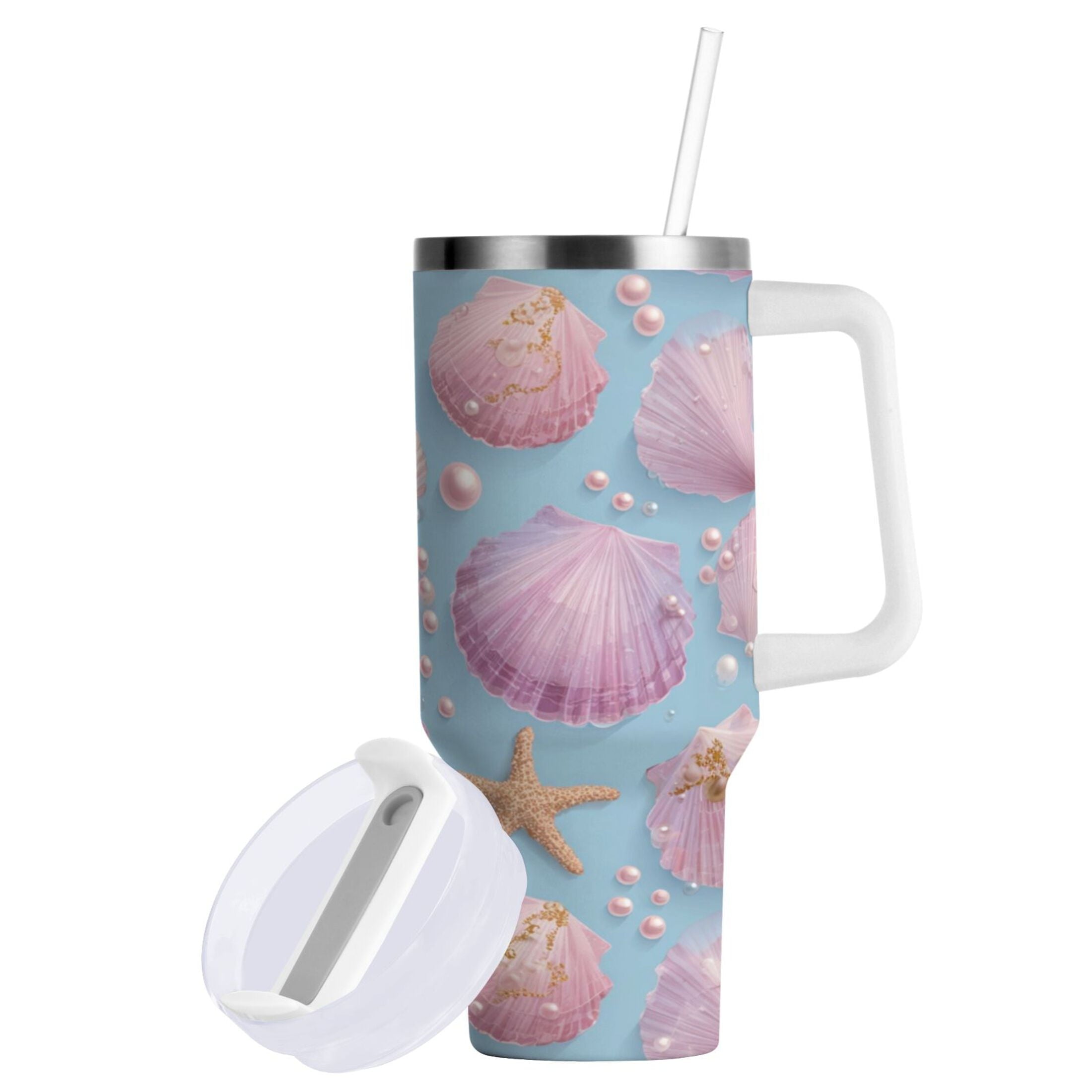 40 oz Insulated Stainless Steel Tumbler Double Wall Stainless Steel Tumbler with 2-Way Drinking Seashells and Pearls Pattern | DLKW
