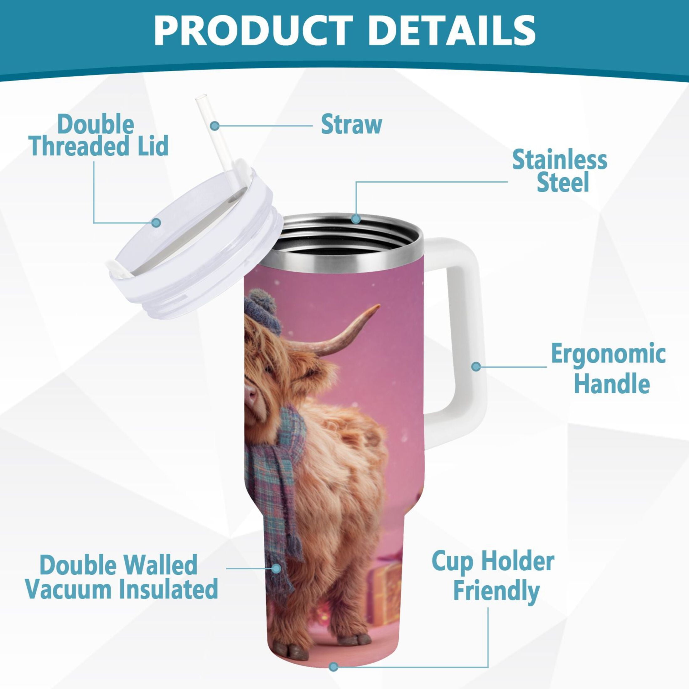 30 oz Insulated Stainless Steel Tumbler Double Wall Stainless Steel Tumbler with 2-Way Drinking Cow Wearing Christmas | QHA8