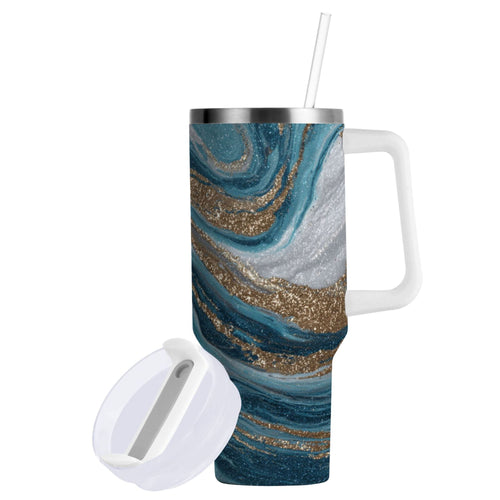 30 oz Insulated Stainless Steel Tumbler Double Wall Stainless Steel Tumbler with 2-Way Drinking Blue and Gold Swirling | 4VTF