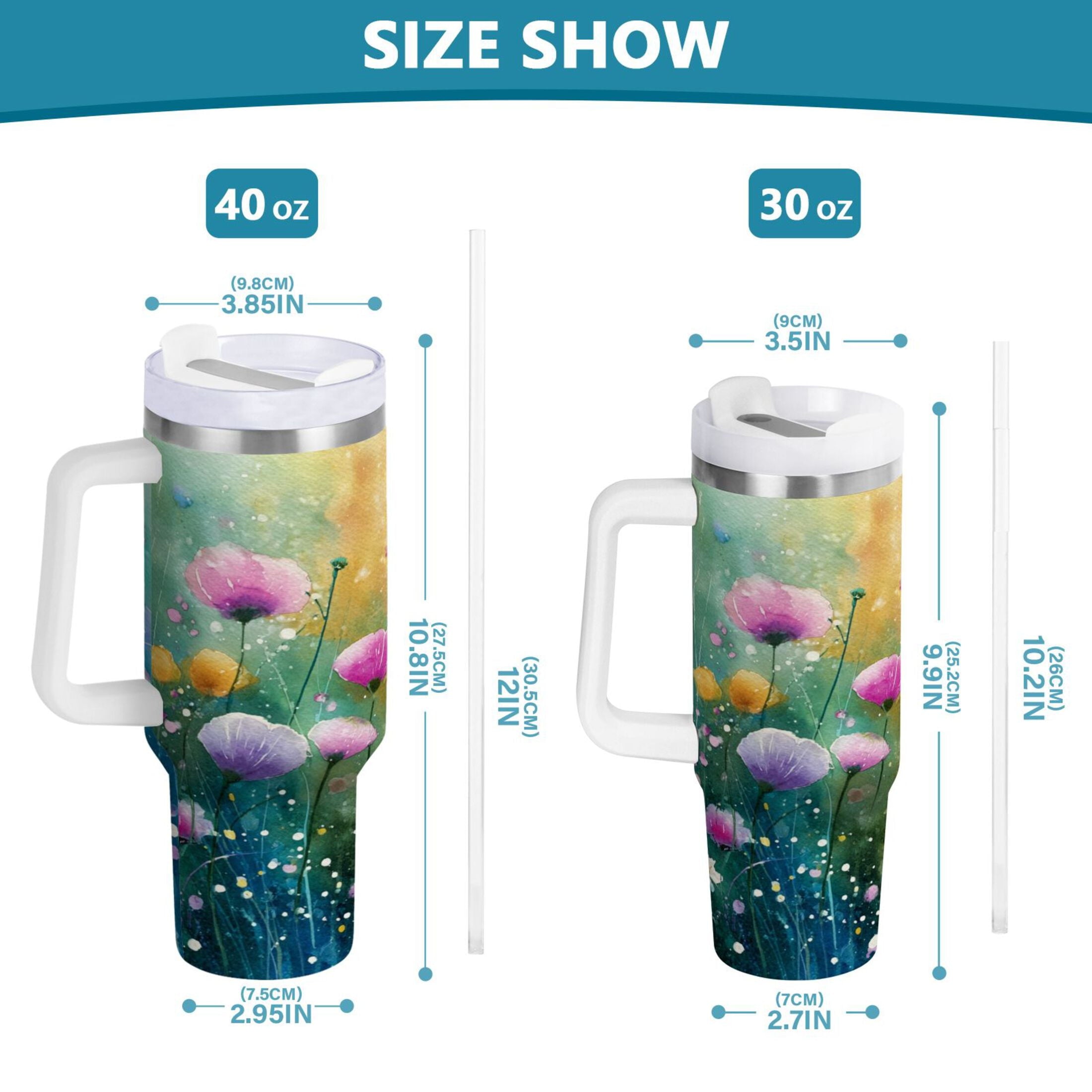 30 oz Insulated Stainless Steel Tumbler Double Wall Stainless Steel Tumbler with 2-Way Drinking Watercolor Wildflowers | 6ZHM