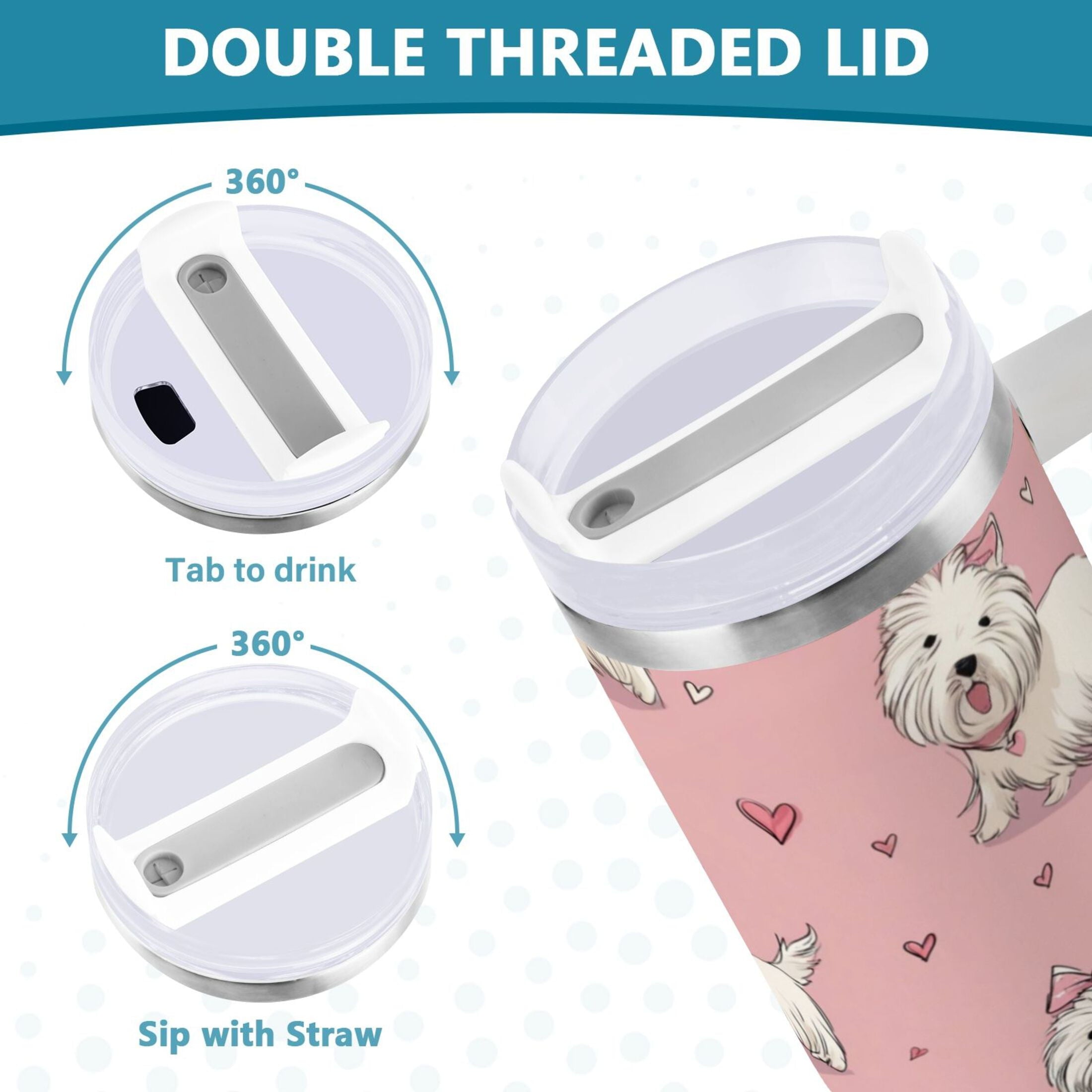 30 oz Insulated Stainless Steel Tumbler Double Wall Stainless Steel Tumbler with 2-Way Drinking Dogs Wearing Bows | 54FK