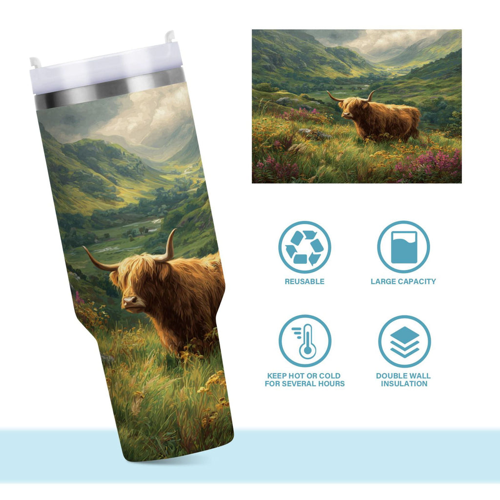 30 oz Insulated Stainless Steel Tumbler Double Wall Stainless Steel Tumbler with 2-Way Drinking Cow in Green Rolling Hills | 1E4U