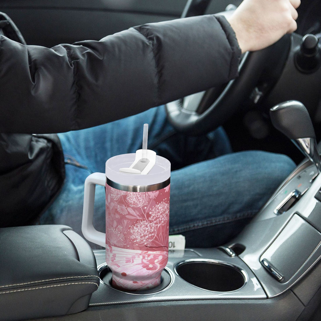 30 oz Insulated Stainless Steel Tumbler Double Wall Stainless Steel Tumbler with 2-Way Drinking Soft Pink Butterfly | YS27