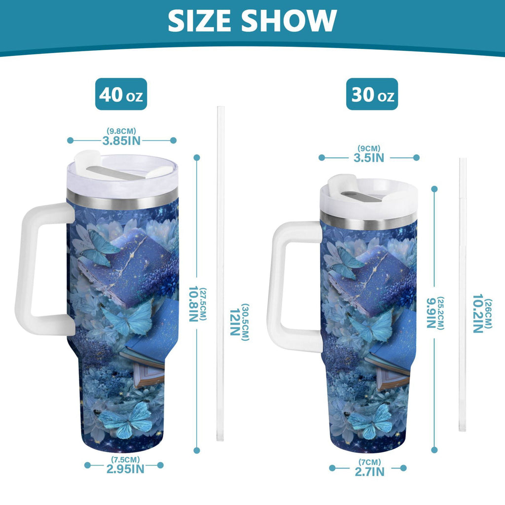 30 oz Insulated Stainless Steel Tumbler Double Wall Stainless Steel Tumbler with 2-Way Drinking Butterflies Books and Flowers | HPBE