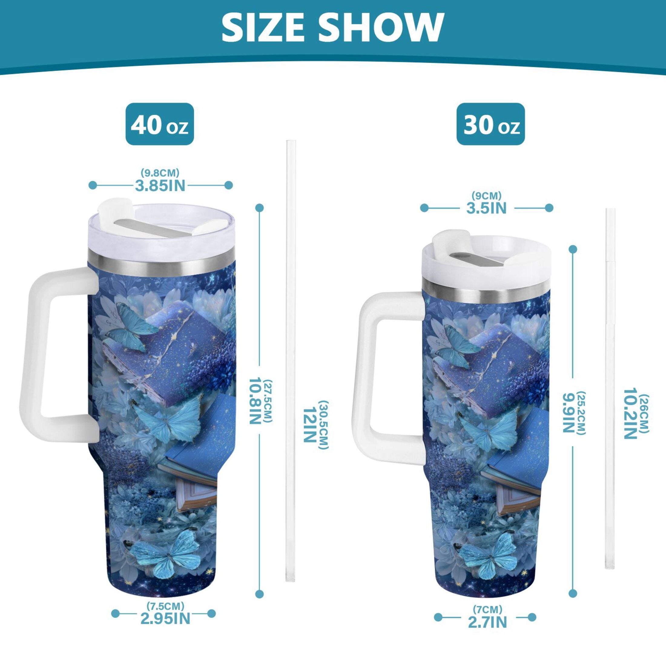 30 oz Insulated Stainless Steel Tumbler Double Wall Stainless Steel Tumbler with 2-Way Drinking Butterflies Books and Flowers | HPBE