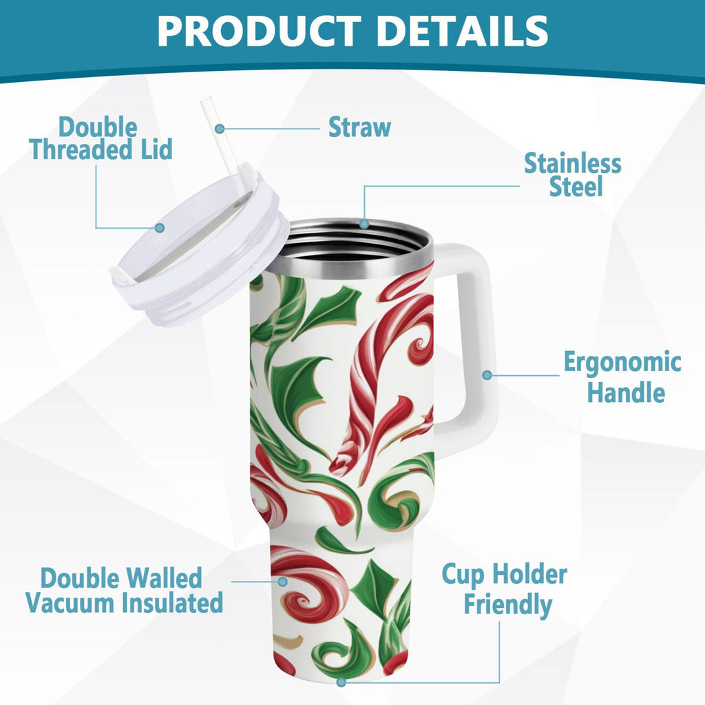 40 oz Insulated Stainless Steel Tumbler Double Wall Stainless Steel Tumbler with 2-Way Drinking Red and Green Candy-cane | D91A
