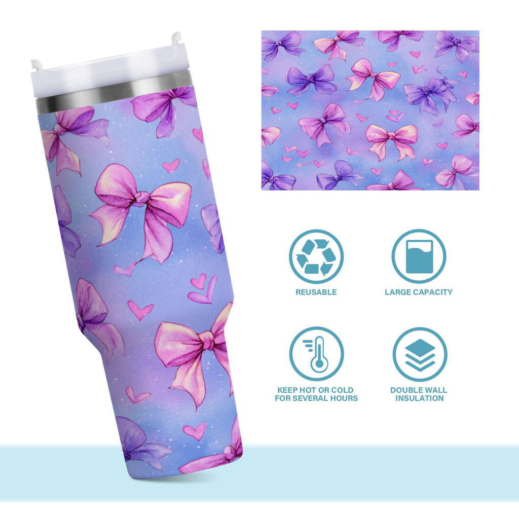 30 oz Insulated Stainless Steel Tumbler Double Wall Stainless Steel Tumbler with 2-Way Drinking Watercolor Bows Pattern | 7N5V