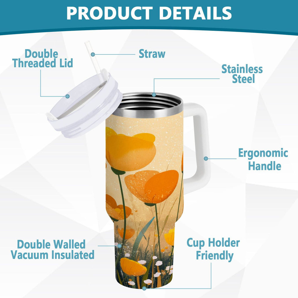 30 oz Insulated Stainless Steel Tumbler Double Wall Stainless Steel Tumbler with 2-Way Drinking Yellow Flowers on The Grass | XOAL