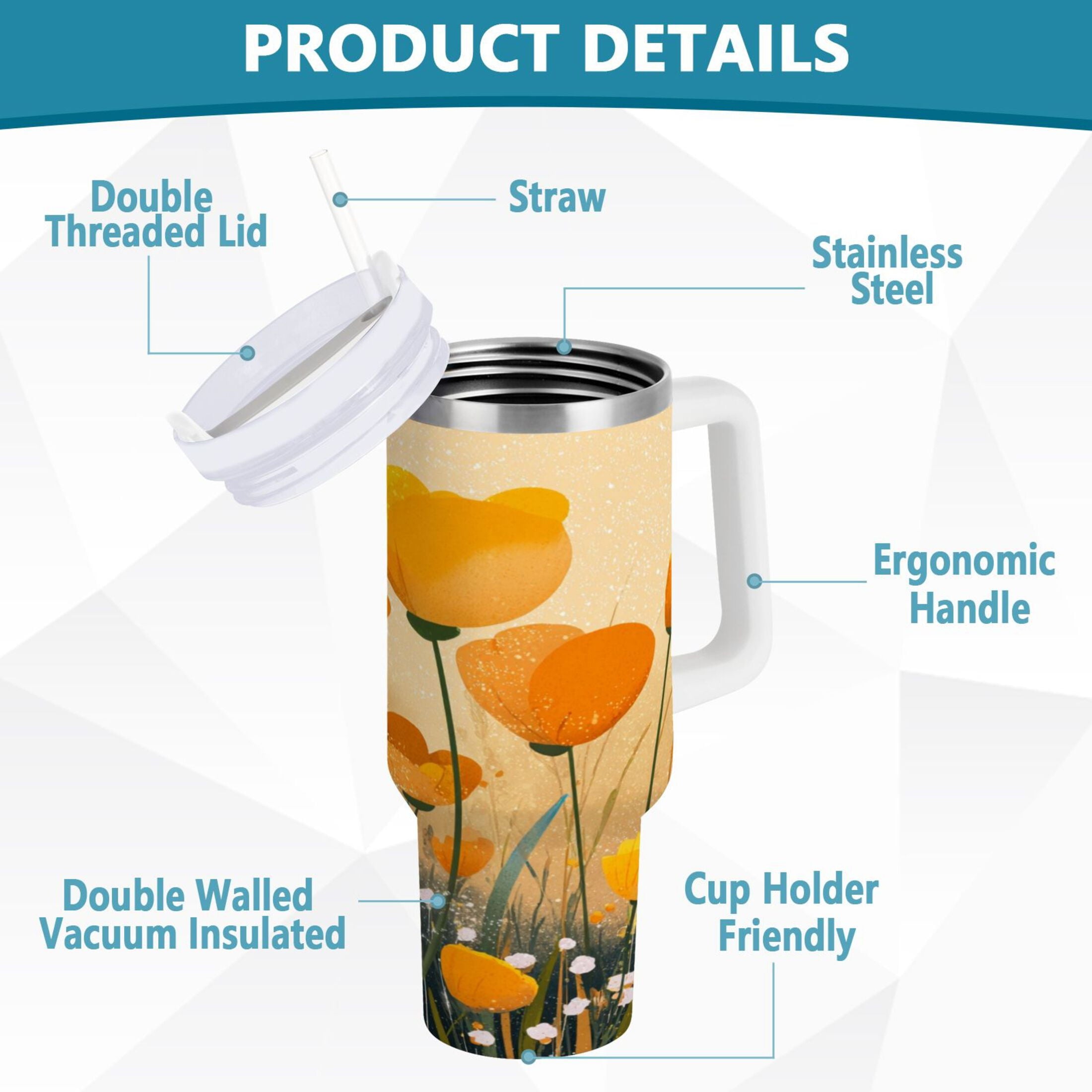30 oz Insulated Stainless Steel Tumbler Double Wall Stainless Steel Tumbler with 2-Way Drinking Yellow Flowers on The Grass | XOAL