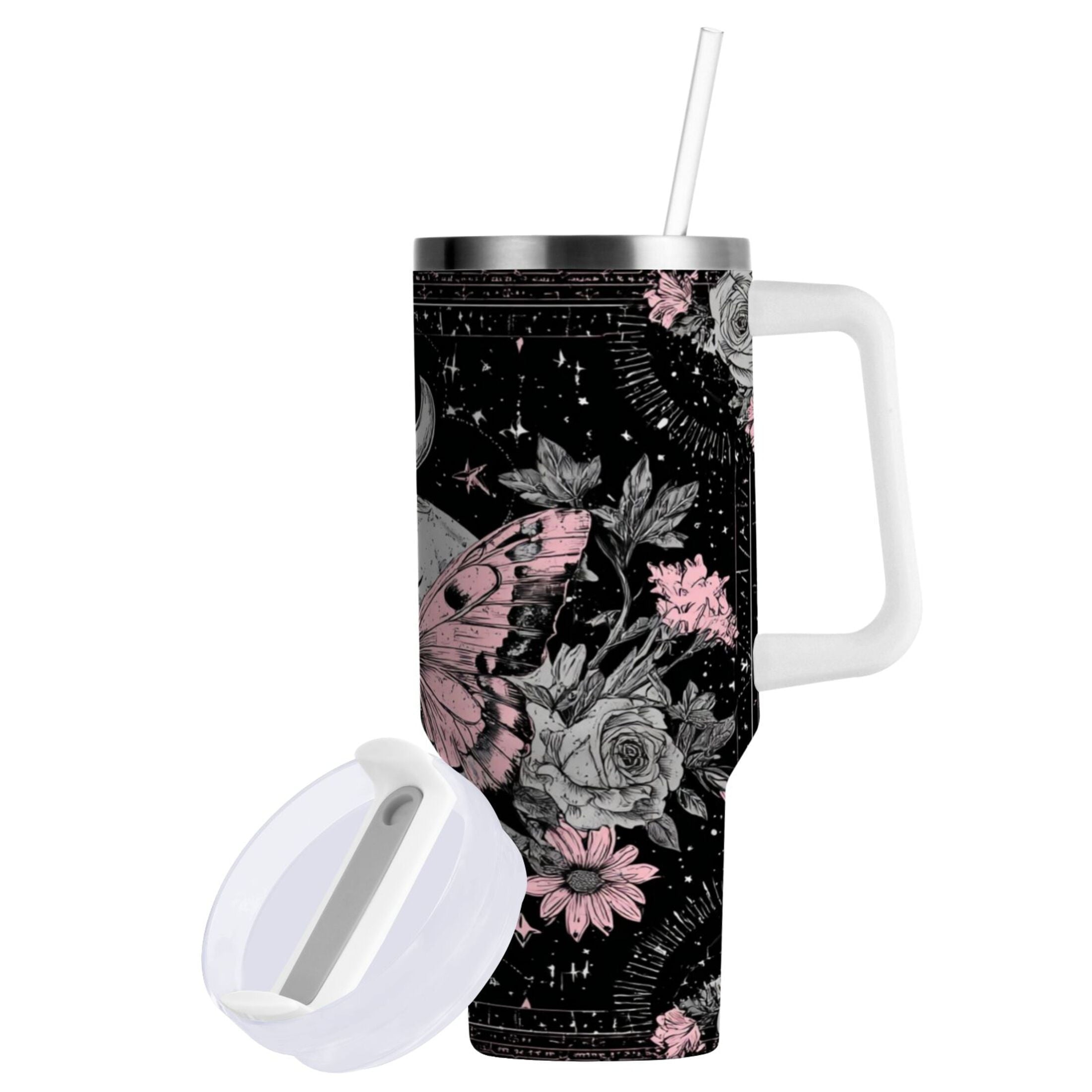 30 oz Insulated Stainless Steel Tumbler Double Wall Stainless Steel Tumbler with 2-Way Drinking Butterfly by Moon and Flowers | G7R9
