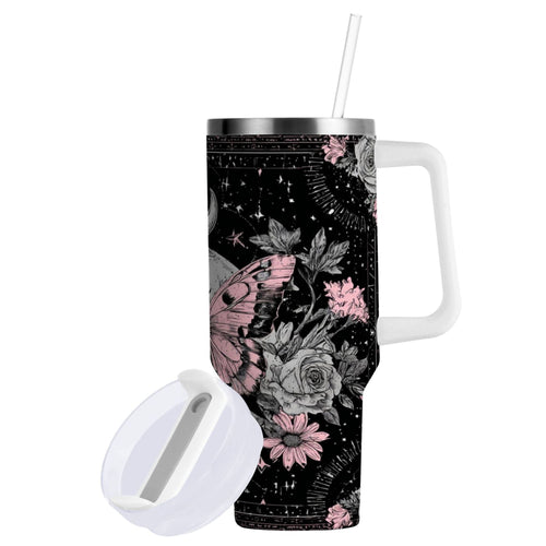 30 oz Insulated Stainless Steel Tumbler Double Wall Stainless Steel Tumbler with 2-Way Drinking Butterfly by Moon and Flowers | G7R9