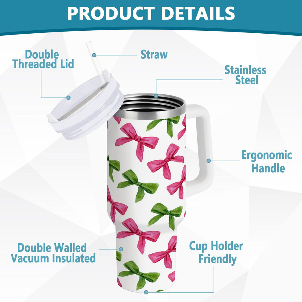 30 oz Insulated Stainless Steel Tumbler Double Wall Stainless Steel Tumbler with 2-Way Drinking Pink Bows and Green Ribbons | 3XR2