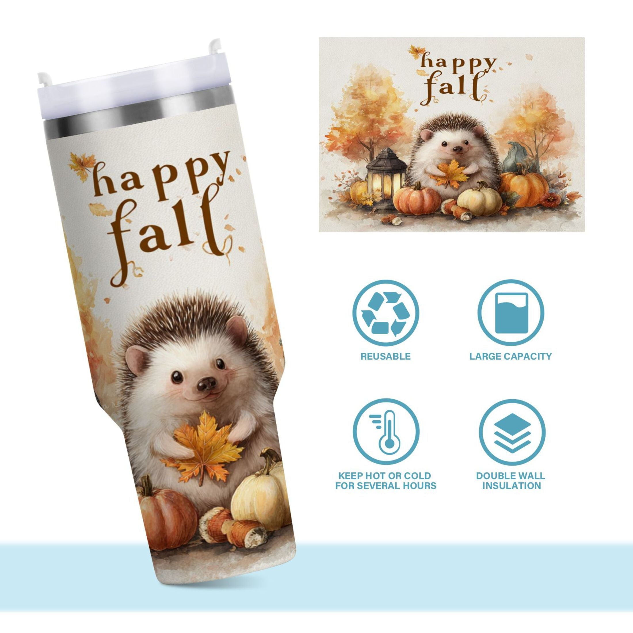 30 oz Insulated Stainless Steel Tumbler Double Wall Stainless Steel Tumbler with 2-Way Drinking Cute Little Hedgehog | EEQE