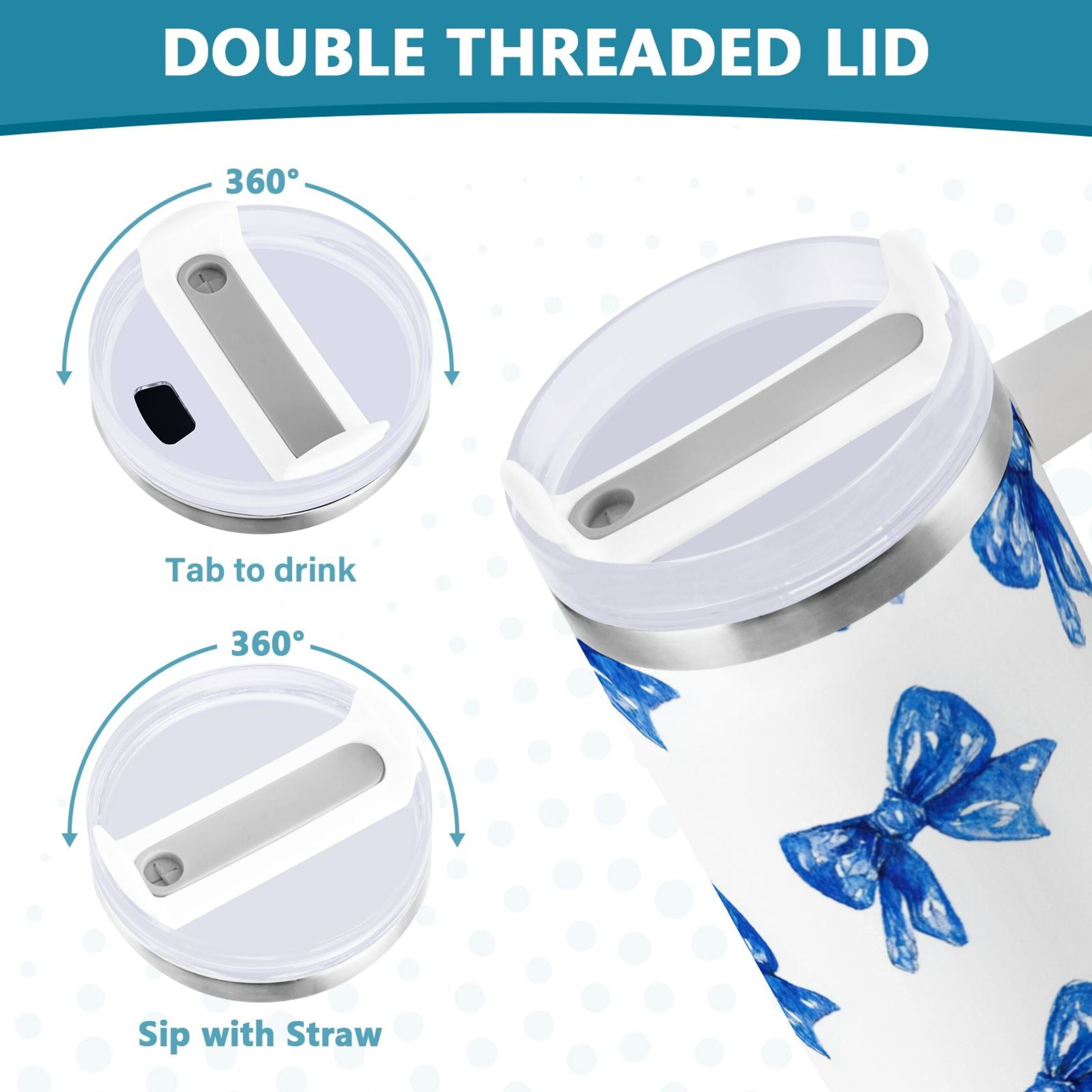 30 oz Insulated Stainless Steel Tumbler Double Wall Stainless Steel Tumbler with 2-Way Drinking Blue Bows Pattern | LSH4