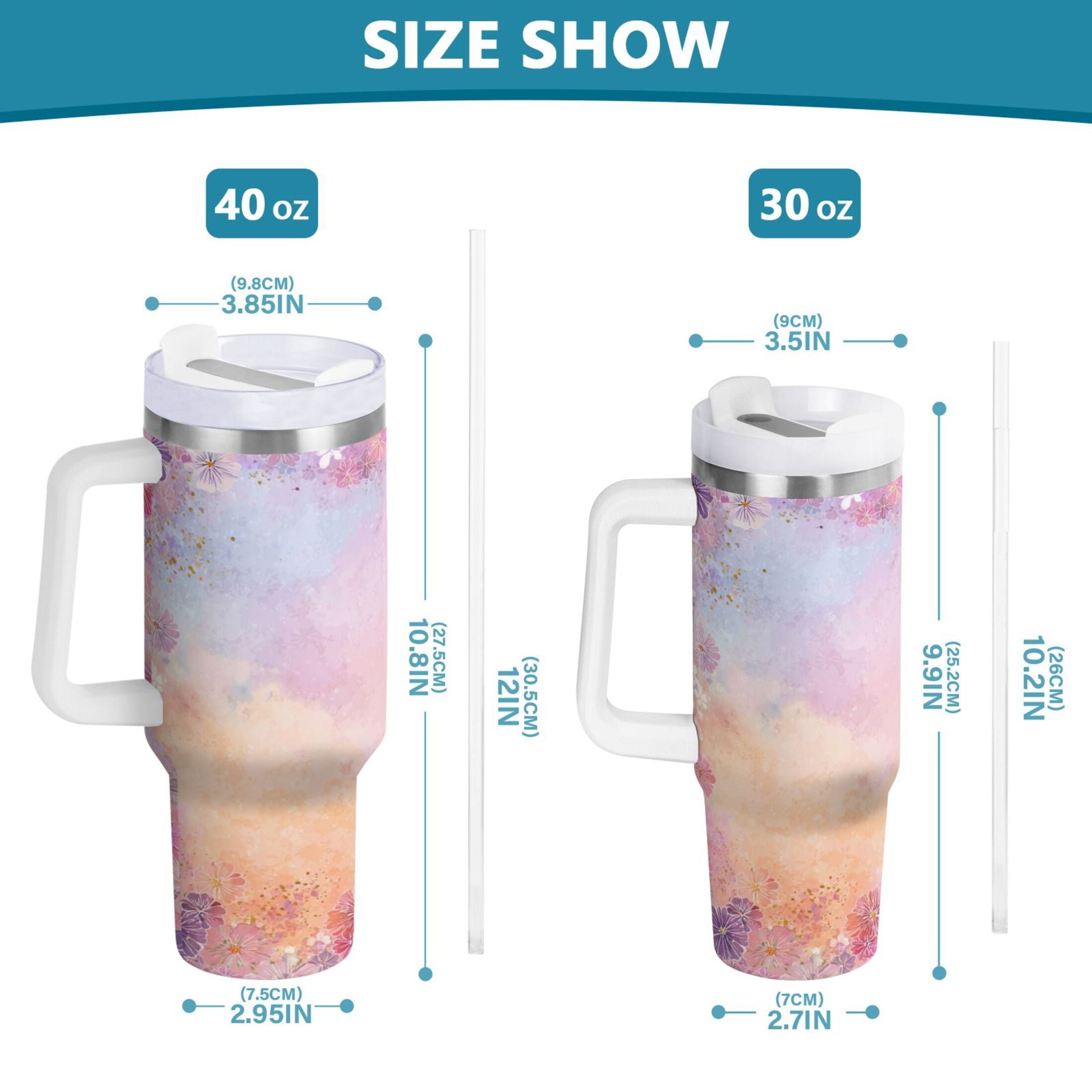 30 oz Insulated Stainless Steel Tumbler Double Wall Stainless Steel Tumbler with 2-Way Drinking Colorful Pastel Floral Pattern | OVJO