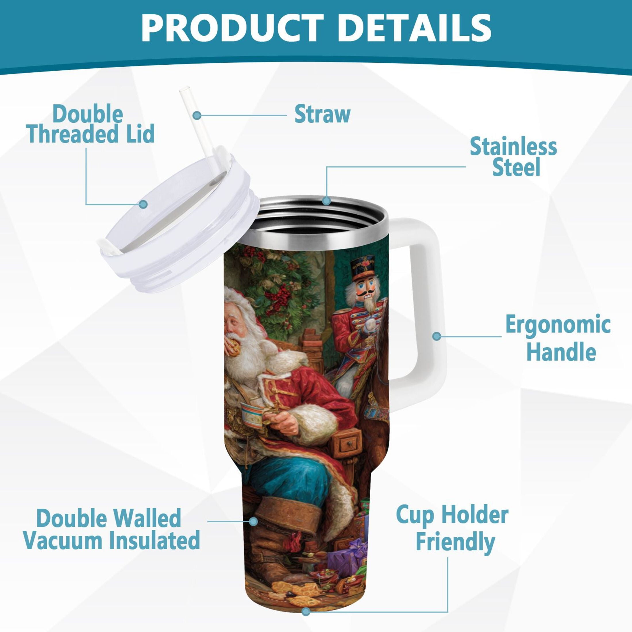 40 oz Insulated Stainless Steel Tumbler Double Wall Stainless Steel Tumbler with 2-Way Drinking Santa Eating Cookies | TUS6