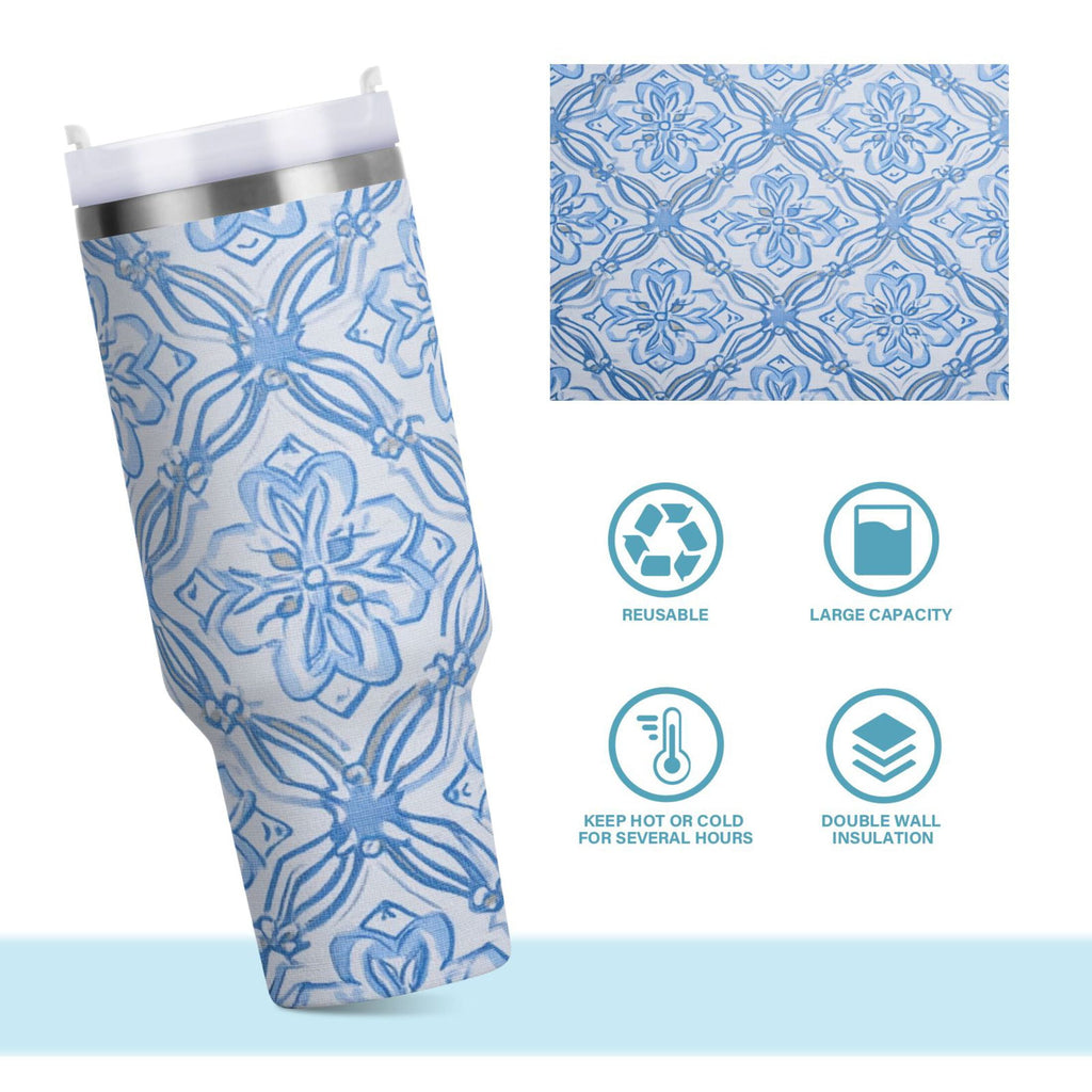 30 oz Insulated Stainless Steel Tumbler Double Wall Stainless Steel Tumbler with 2-Way Drinking Blue Elegant Geometric Design | A3ZT