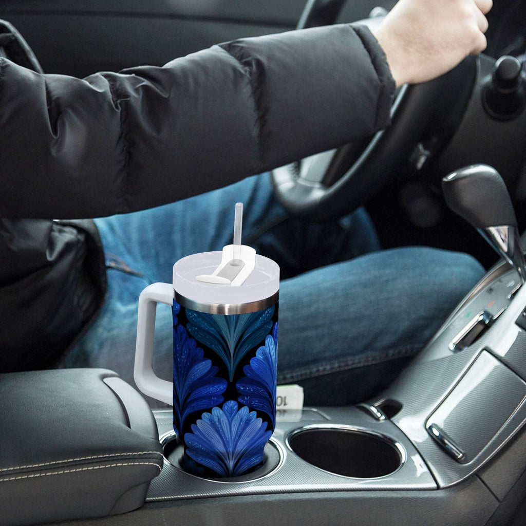 30 oz Insulated Stainless Steel Tumbler Double Wall Stainless Steel Tumbler with 2-Way Drinking Blue Batik Leaves Pattern | JMRV