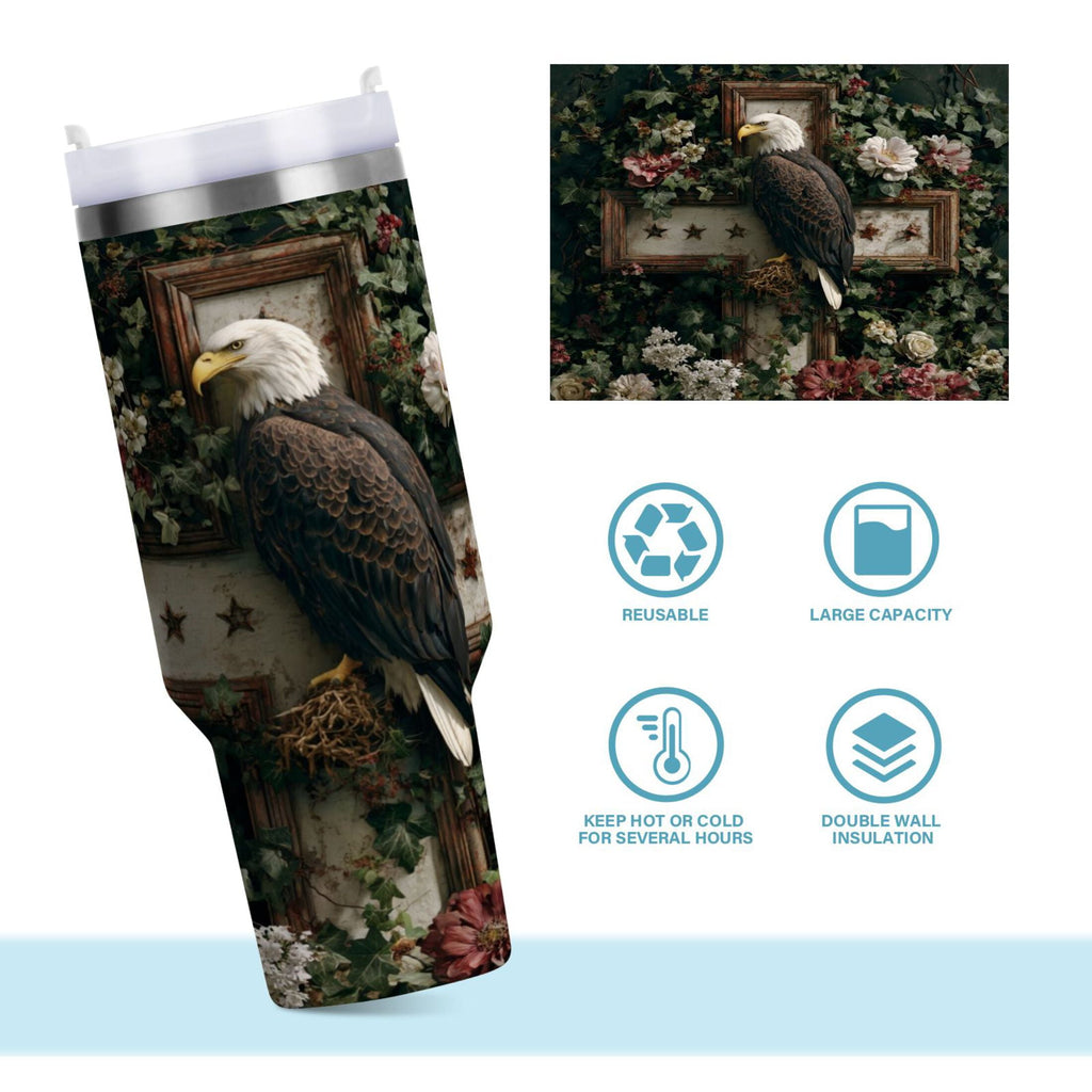 30 oz Insulated Stainless Steel Tumbler Double Wall Stainless Steel Tumbler with 2-Way Drinking Wreath and Bald Eagle | Q12A