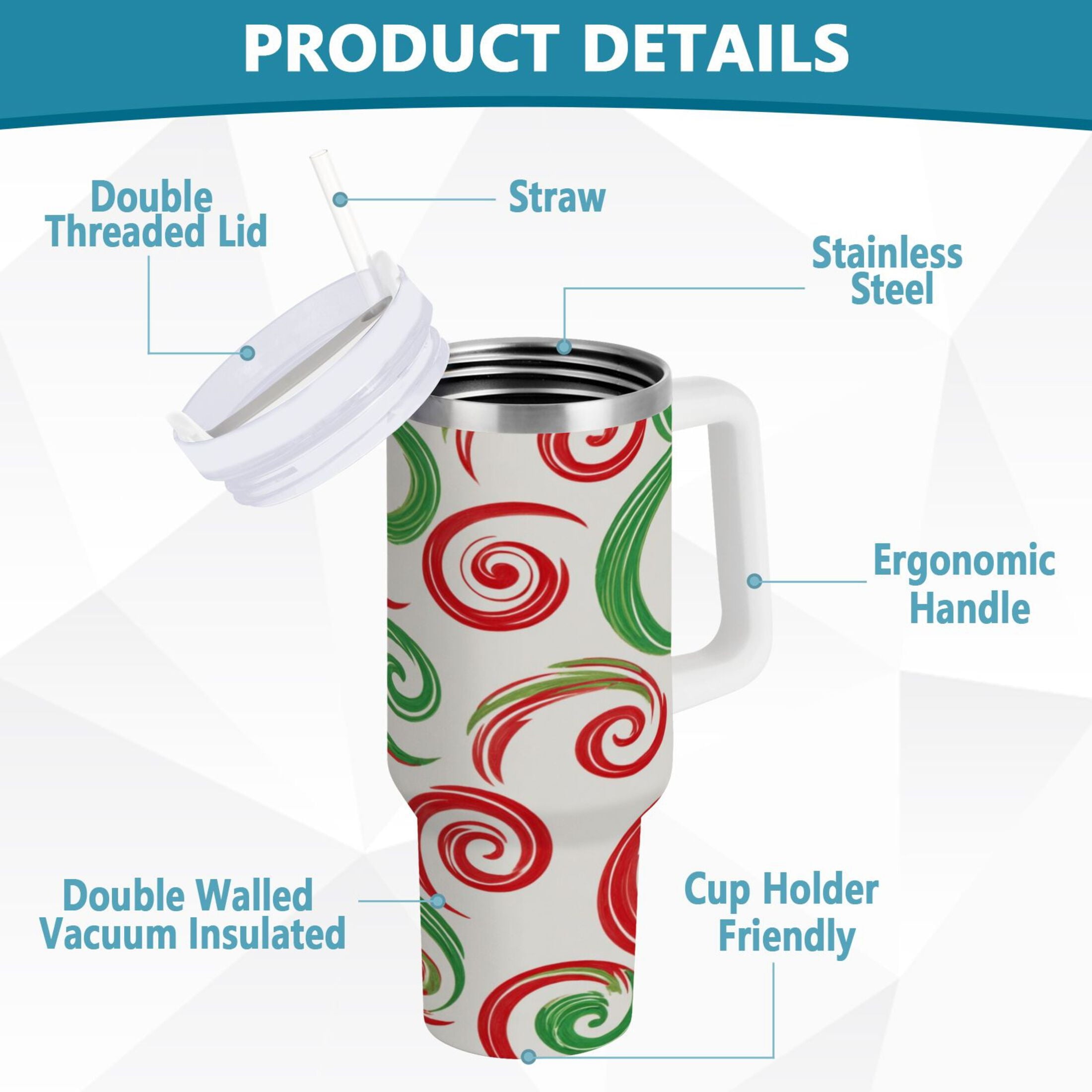 40 oz Insulated Stainless Steel Tumbler Double Wall Stainless Steel Tumbler with 2-Way Drinking Red and Green Swirls | B4IT
