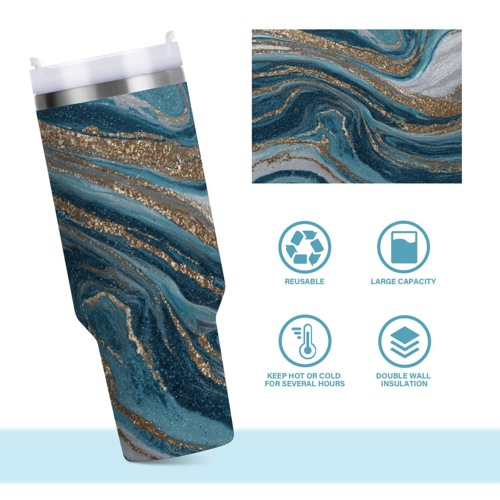 30 oz Insulated Stainless Steel Tumbler Double Wall Stainless Steel Tumbler with 2-Way Drinking Blue and Gold Swirling | 4VTF