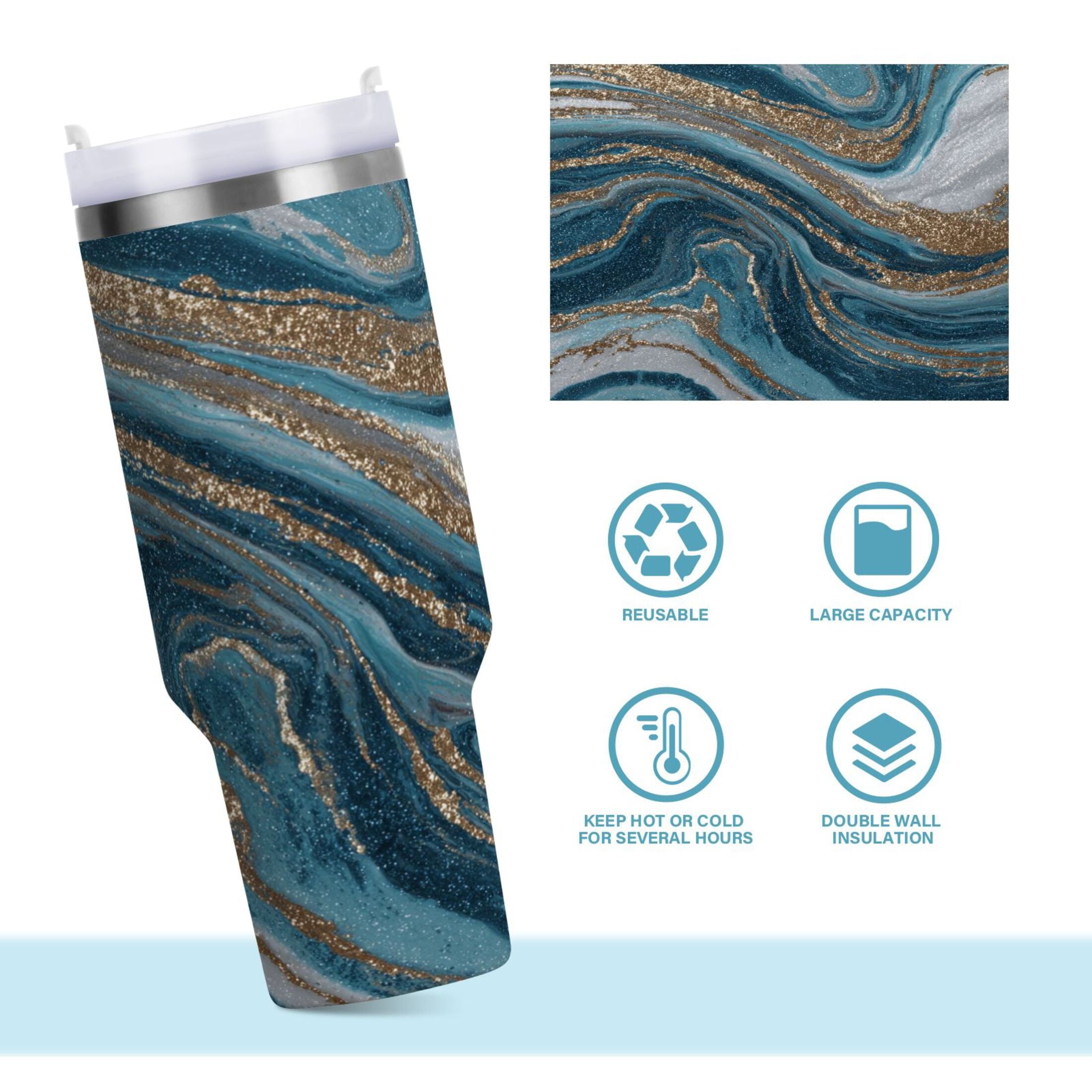 30 oz Insulated Stainless Steel Tumbler Double Wall Stainless Steel Tumbler with 2-Way Drinking Blue and Gold Swirling | 4VTF