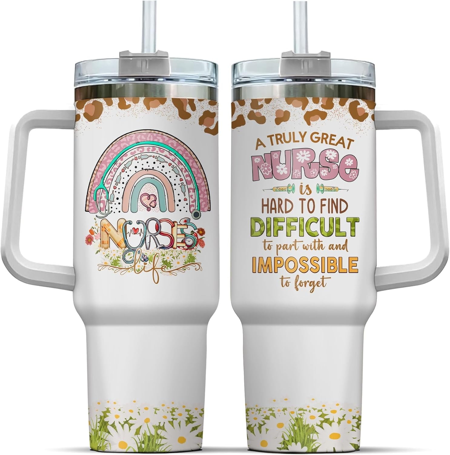 Tumbler 40 Oz With Handle Lid And Straw, Nurse Gifts, Black Camo White Engraved Print Travel Nurses Tumblers Handle Funny Cups Nursing For, Great Nurse Rainbow Daisy Flower | 86KP